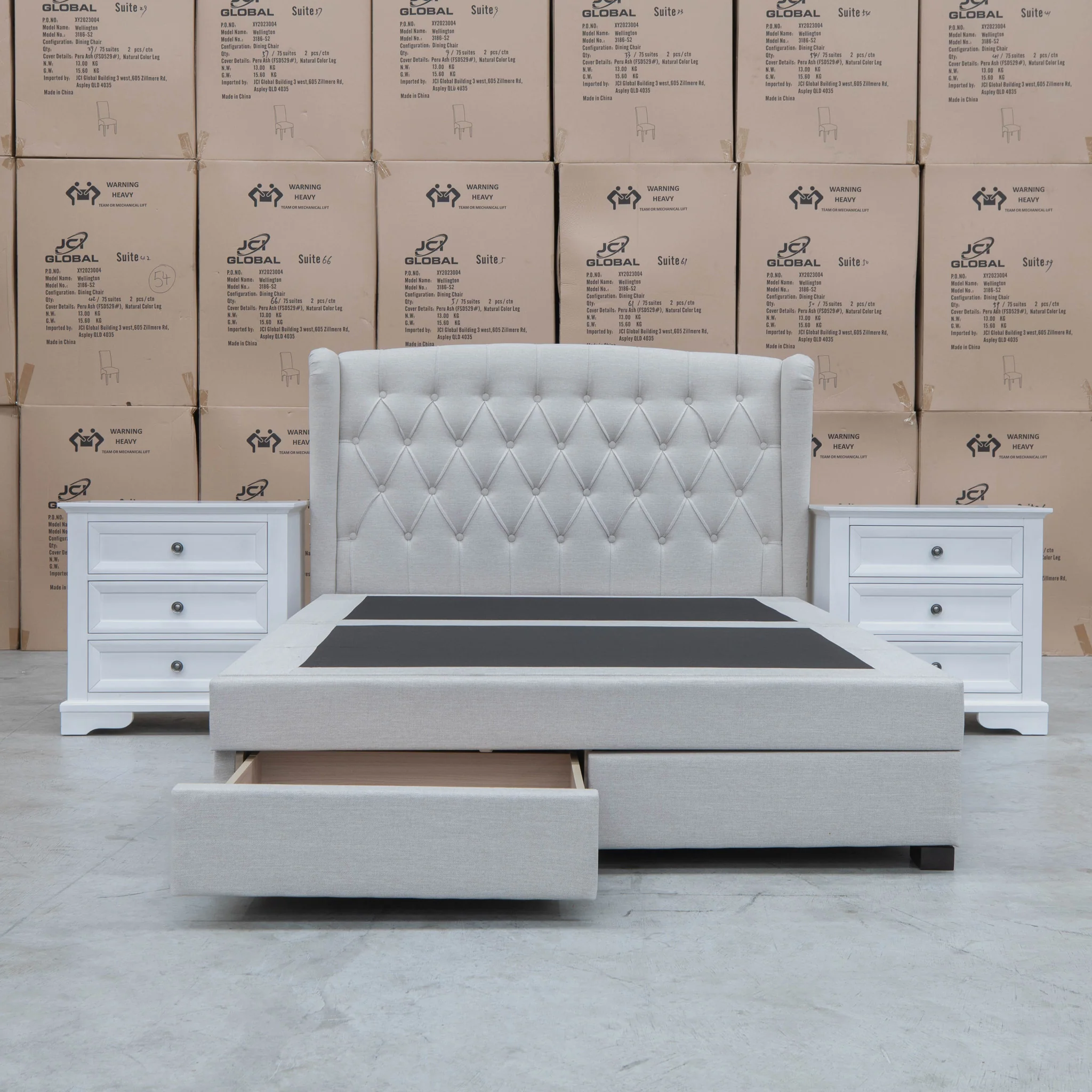 Amelia Queen Fabric Gas Lift Storage Drawer Bed - Oat White - Available After 13th March - Image 11