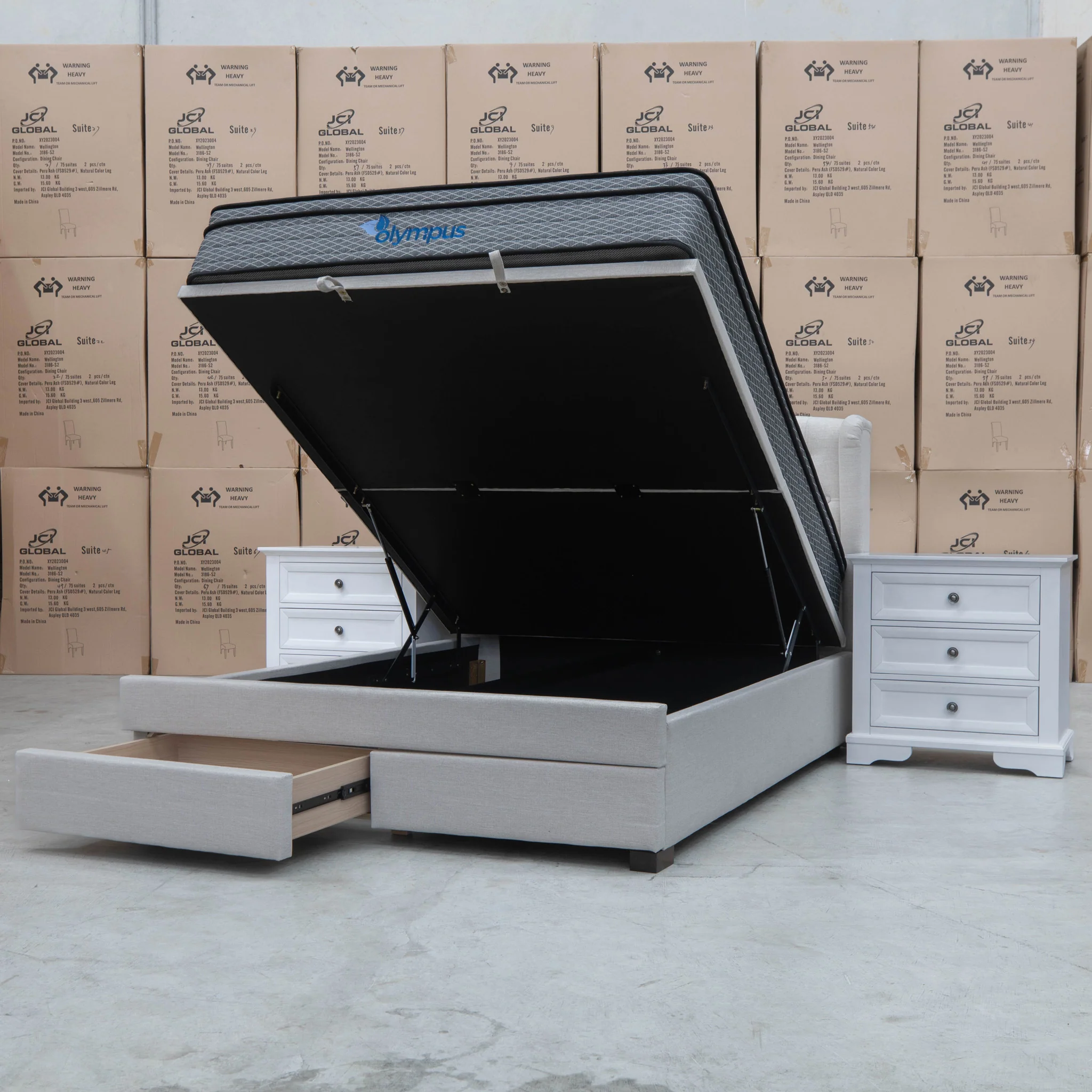 Amelia Queen Fabric Gas Lift Storage Drawer Bed - Oat White - Available After 13th March - Image 2
