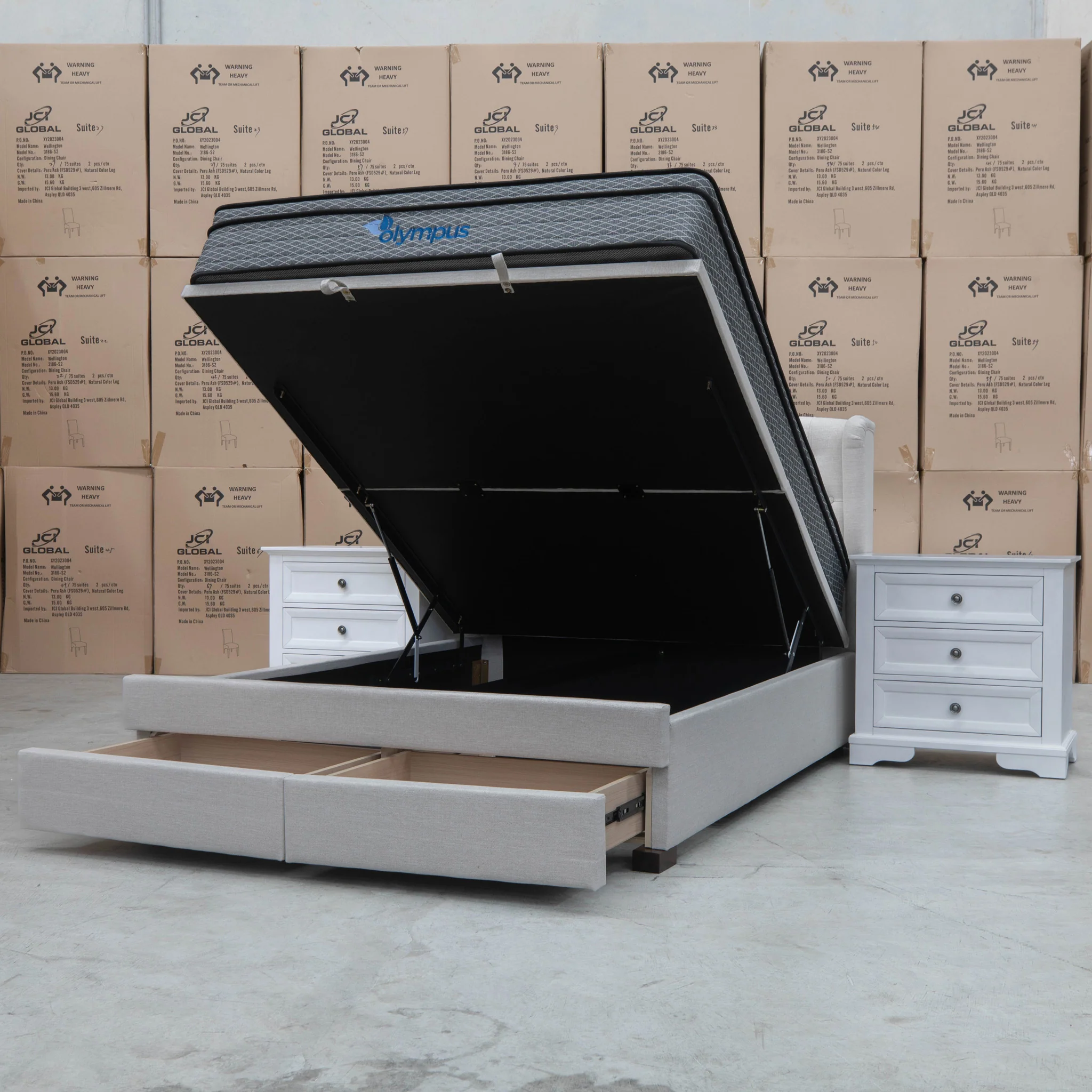 Amelia Queen Fabric Gas Lift Storage Drawer Bed - Oat White - Available After 13th March - Image 5