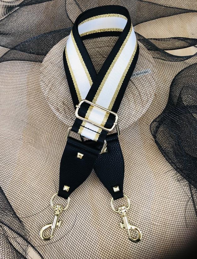 Black, Gold & White Stripe - Bag Strap - Silver Hardware