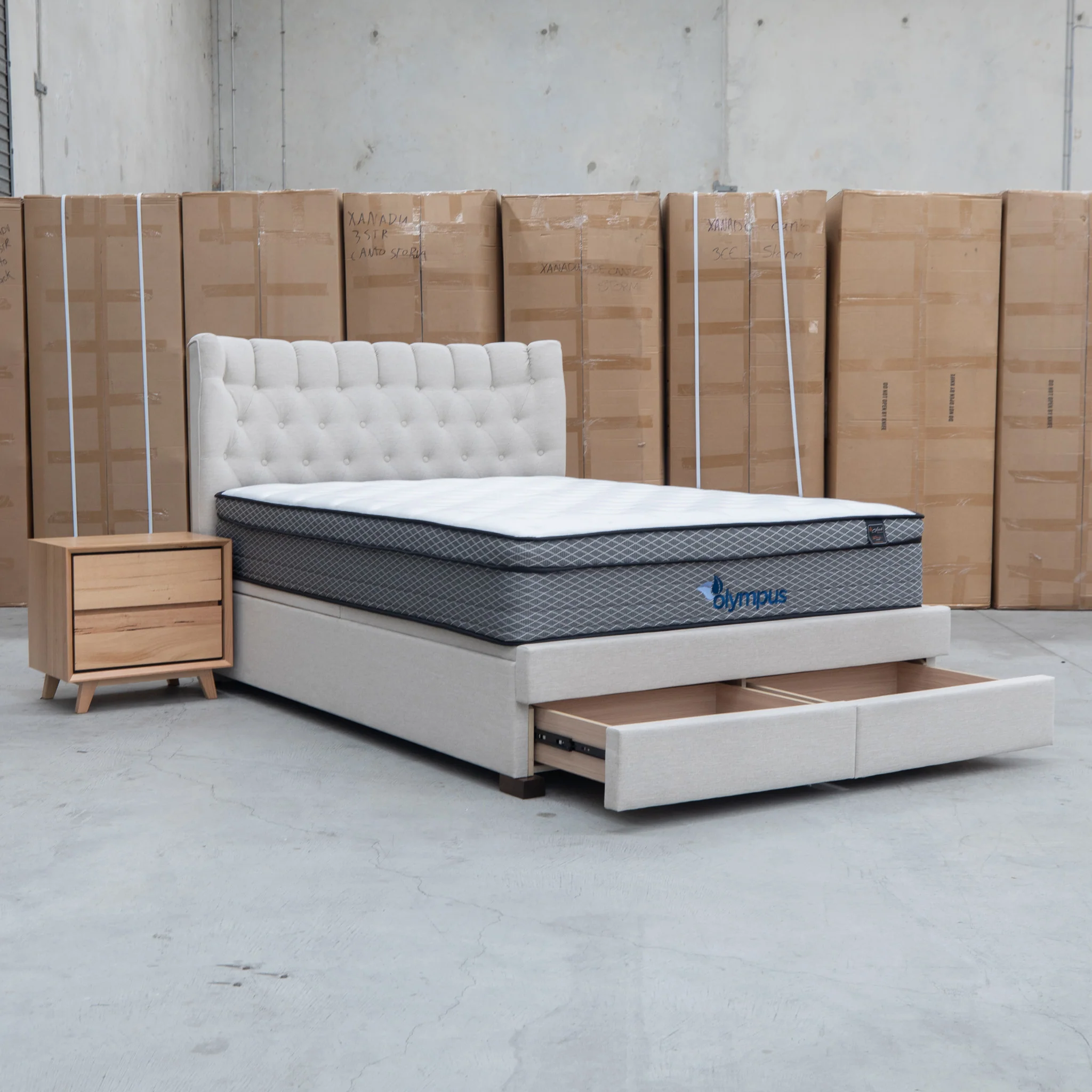 Blake Queen Upholstered Gas Lift Storage Bed - Oat White