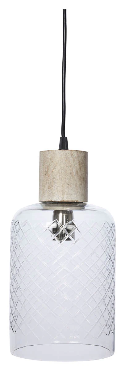 Byron Tubular Cut Glass and Wood Pendant Light - Clear/White Wash - VE51 - Available In-Store Only