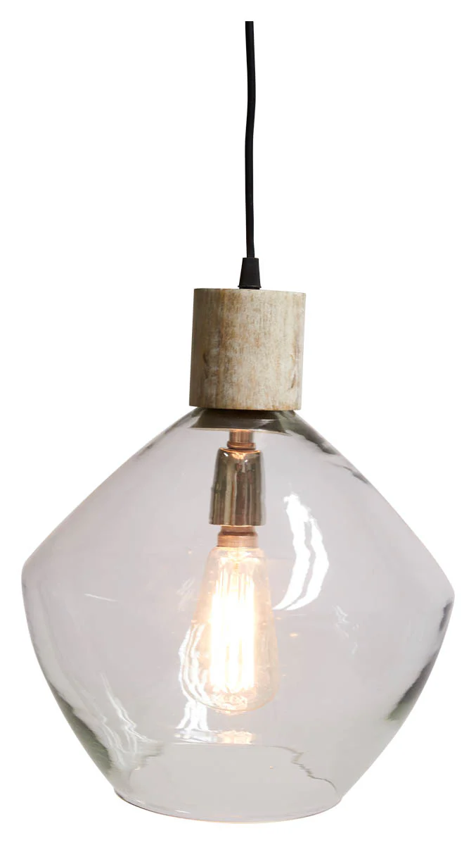 Classic Glass and Wood Pendant Light - Clear/White Wash - VE44 - Available In-Store Only