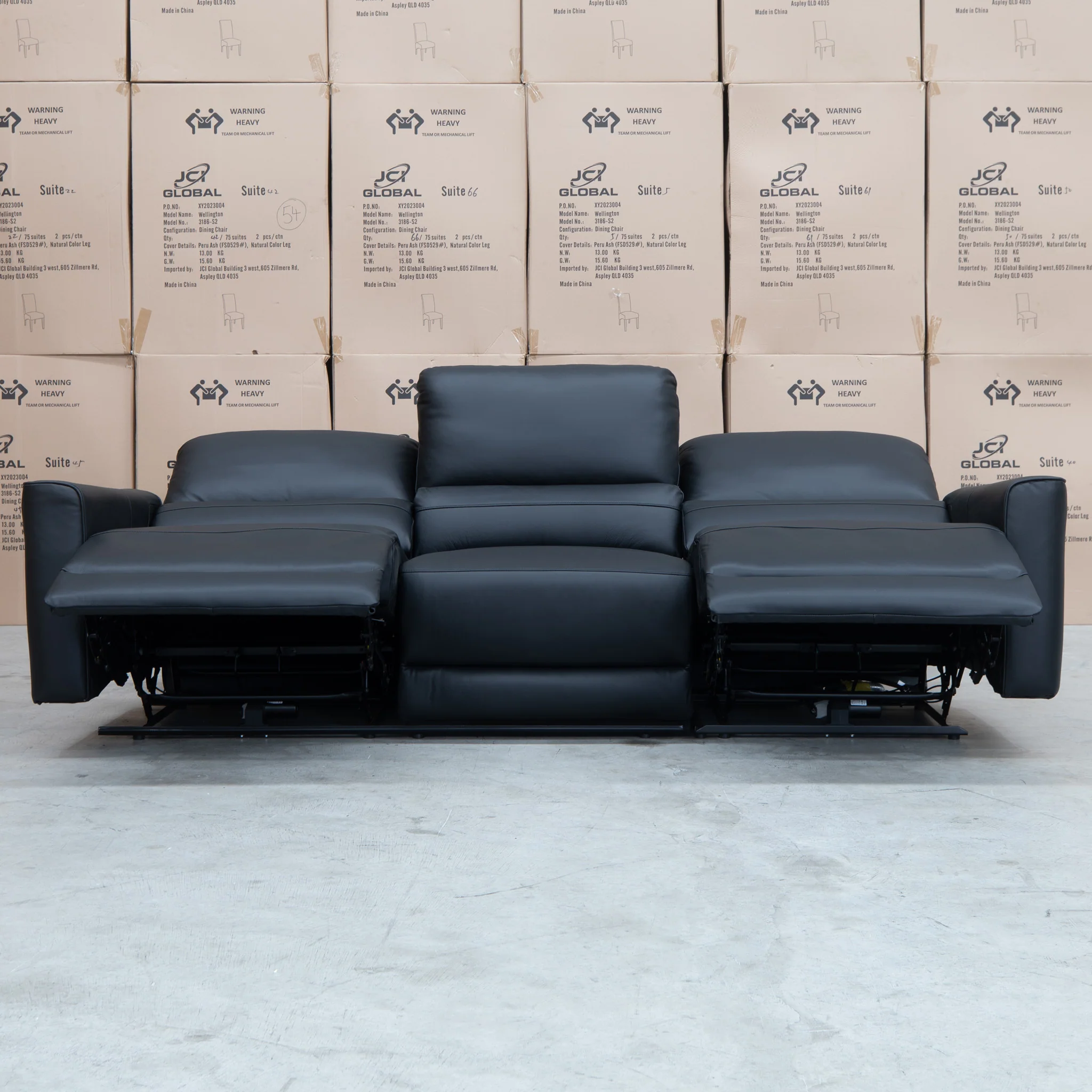 Cobble Electric Three Seat Leather Recliner Lounge - Black - Image 3