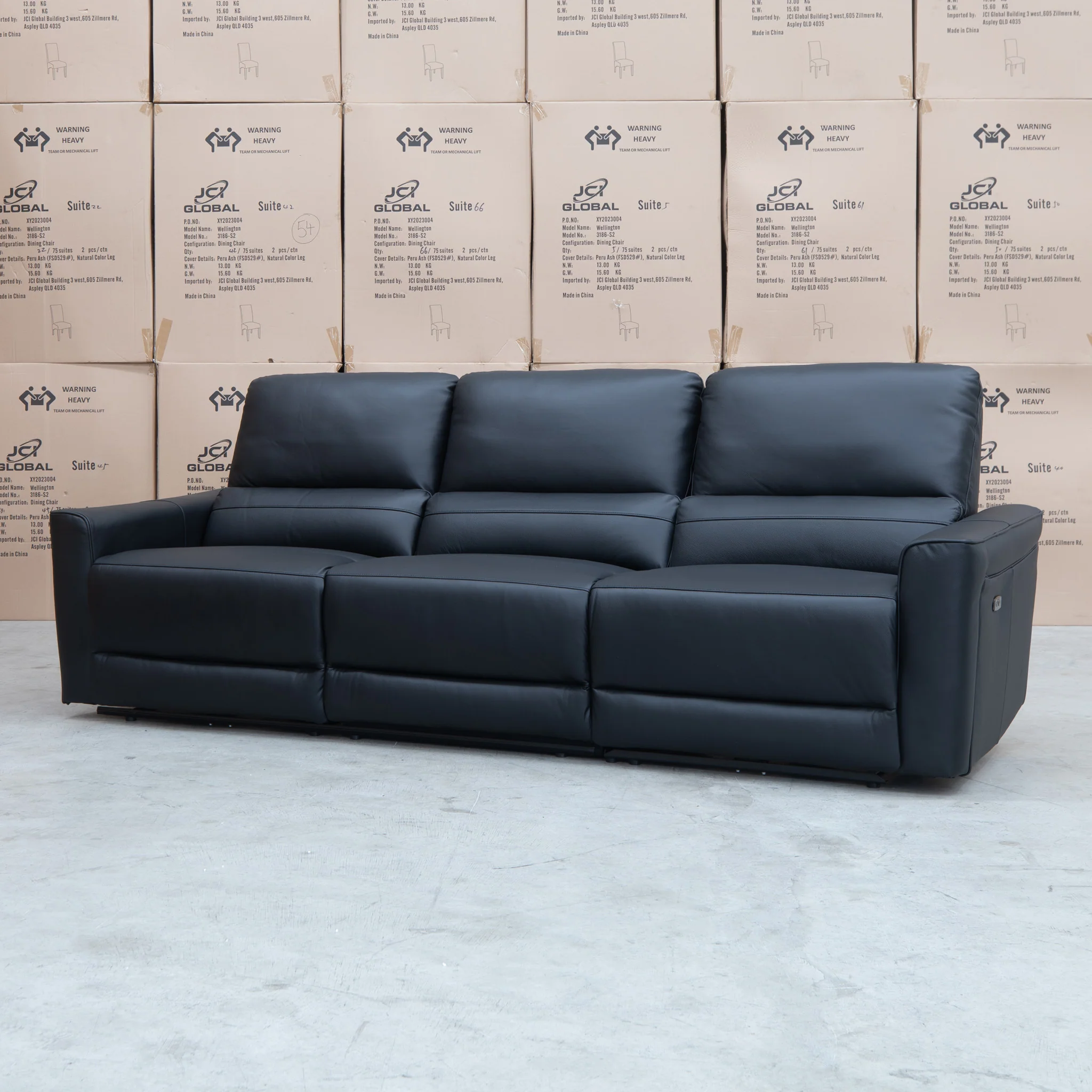 Cobble Electric Three Seat Leather Recliner Lounge - Black - Image 4