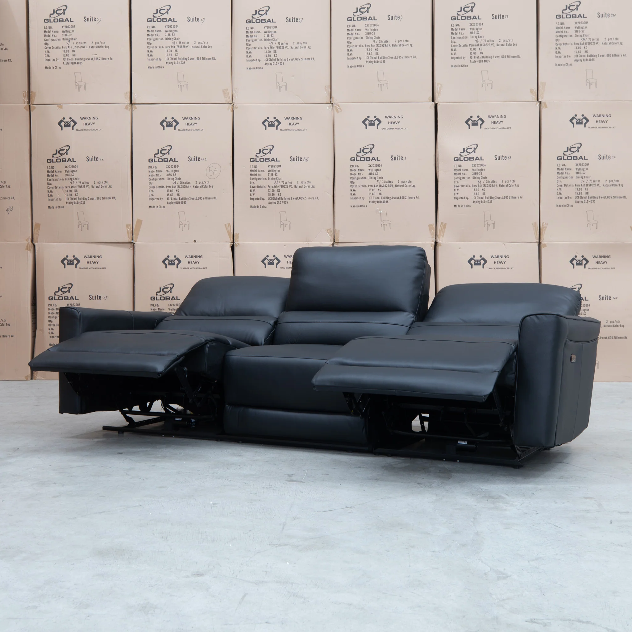 Cobble Electric Three Seat Leather Recliner Lounge - Black - Image 6
