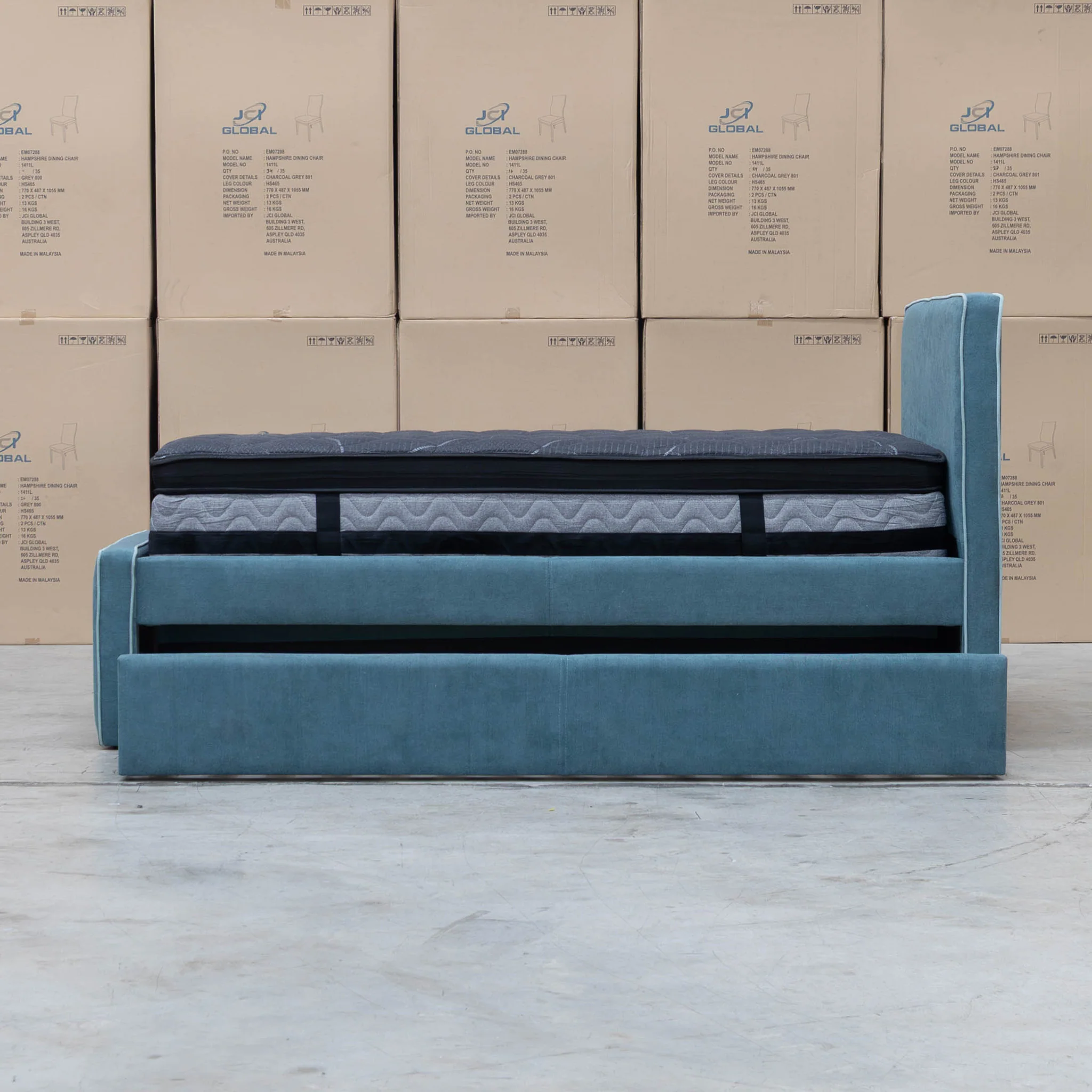 Coco Single Fabric Trundle Bed - Teal (Reversible Trundle) - Image 6
