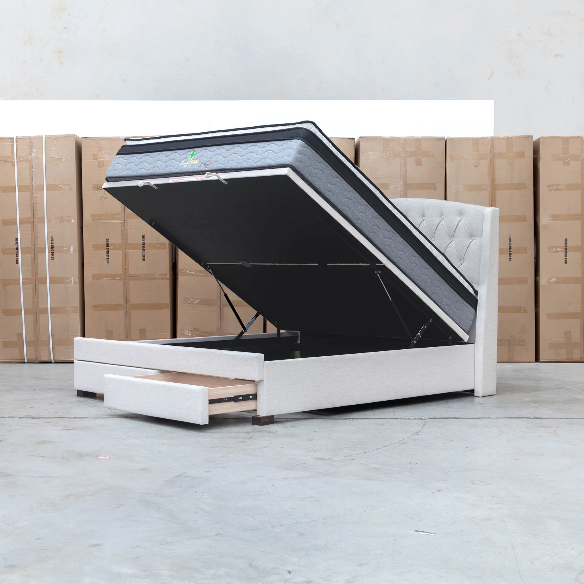 Emily King Fabric Gas Lift Storage Drawer Bed - Oat White - Image 2