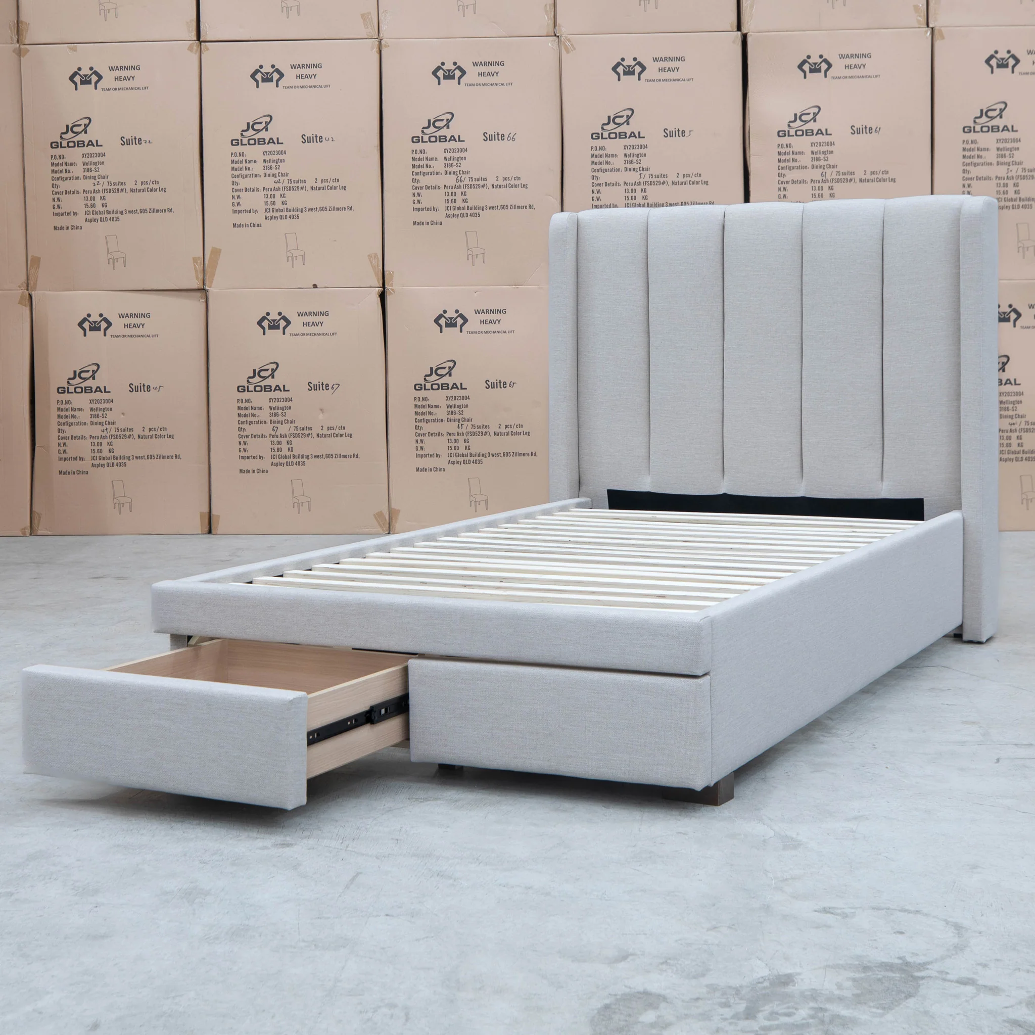 Hudson King Single Fabric Storage Bed - Oat White - Available After 13th March - Image 9
