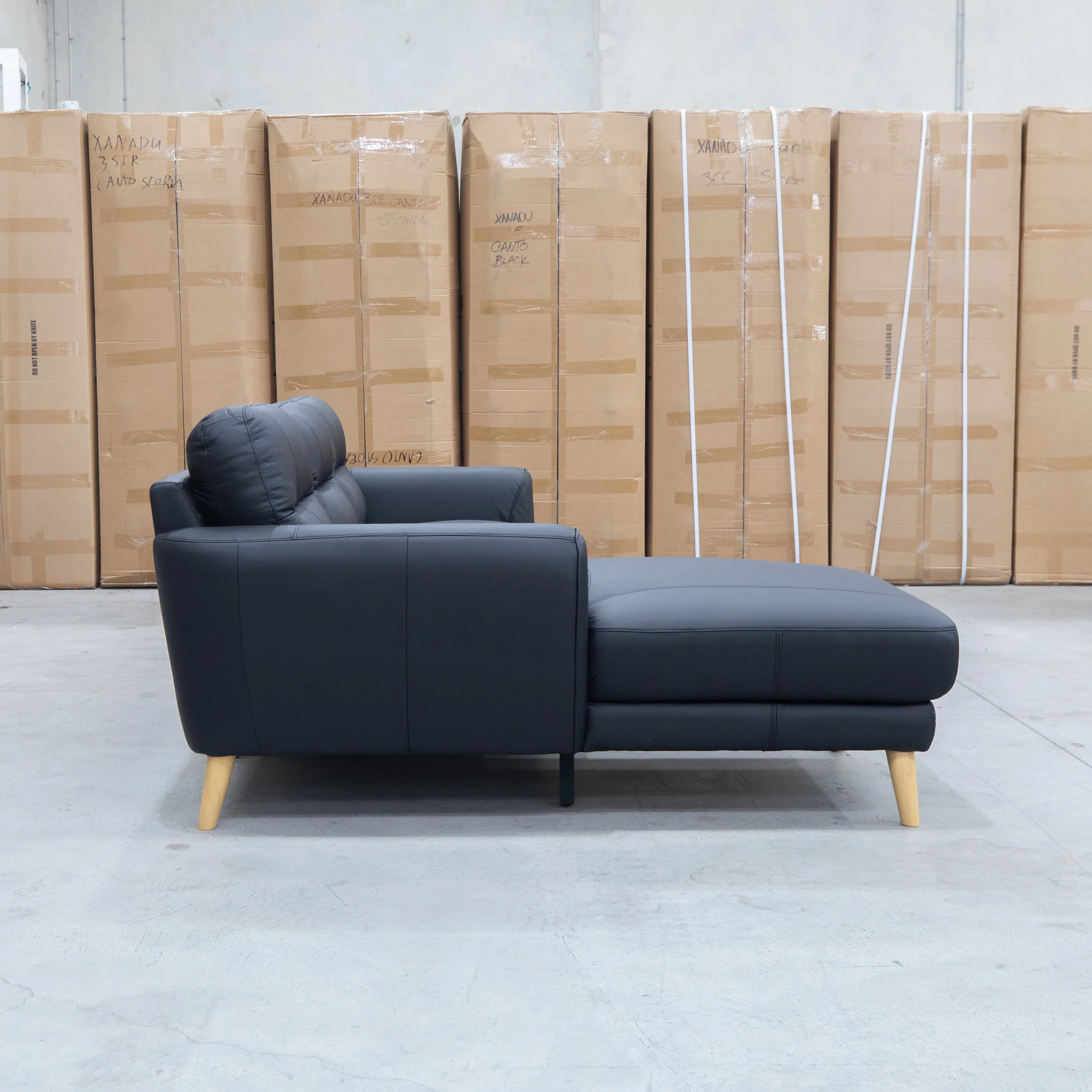 Nevada Three Seat LHF Leather Chaise Lounge - Black - Image 3