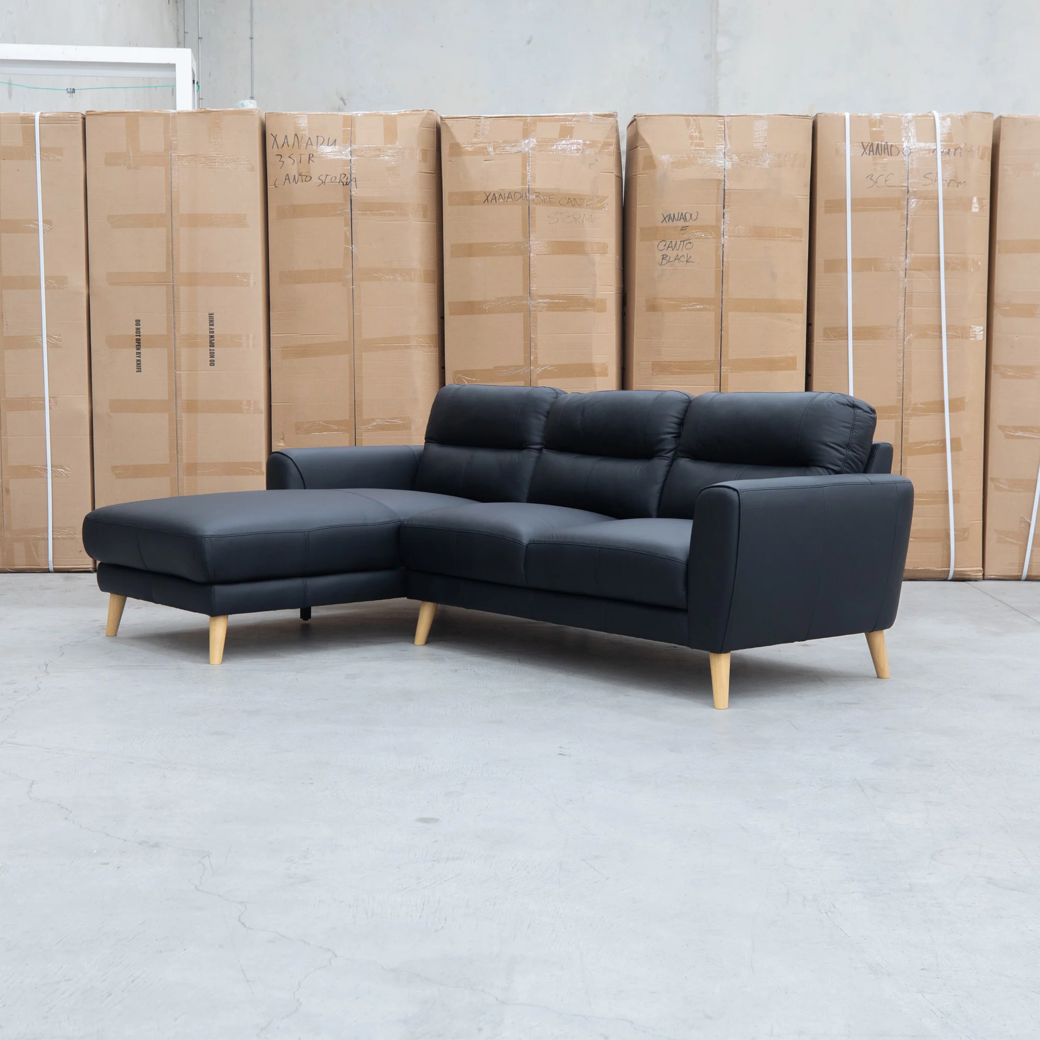 Nevada Three Seat LHF Leather Chaise Lounge - Black - Image 6