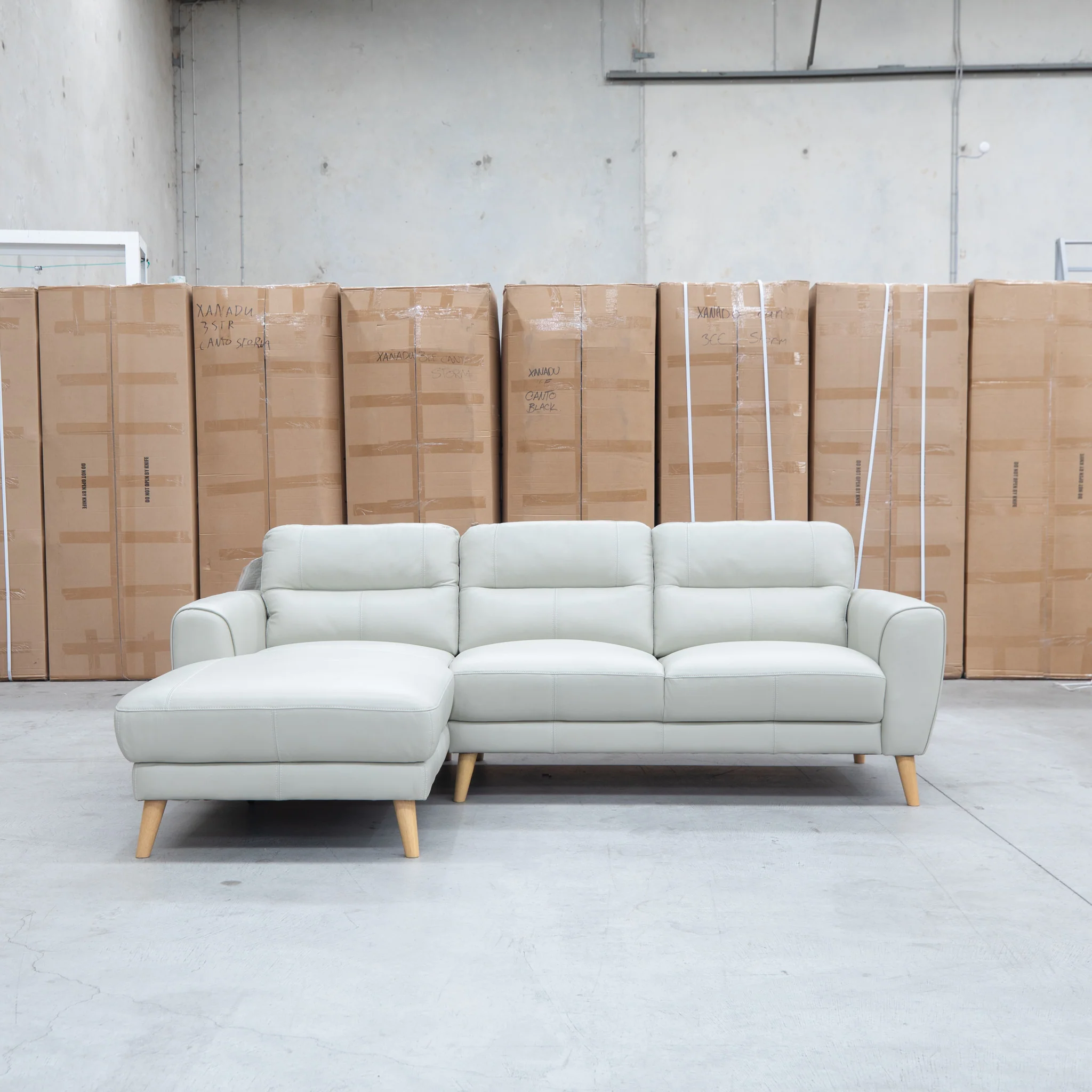 Nevada Three Seat LHF Leather Chaise Lounge - Light Grey