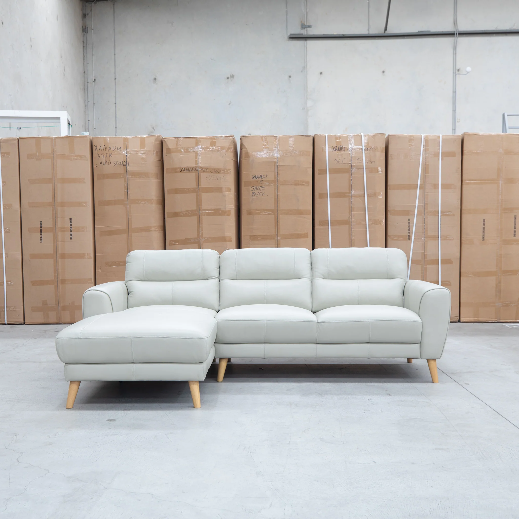 Nevada Three Seat LHF Leather Chaise Lounge - Light Grey - Image 2