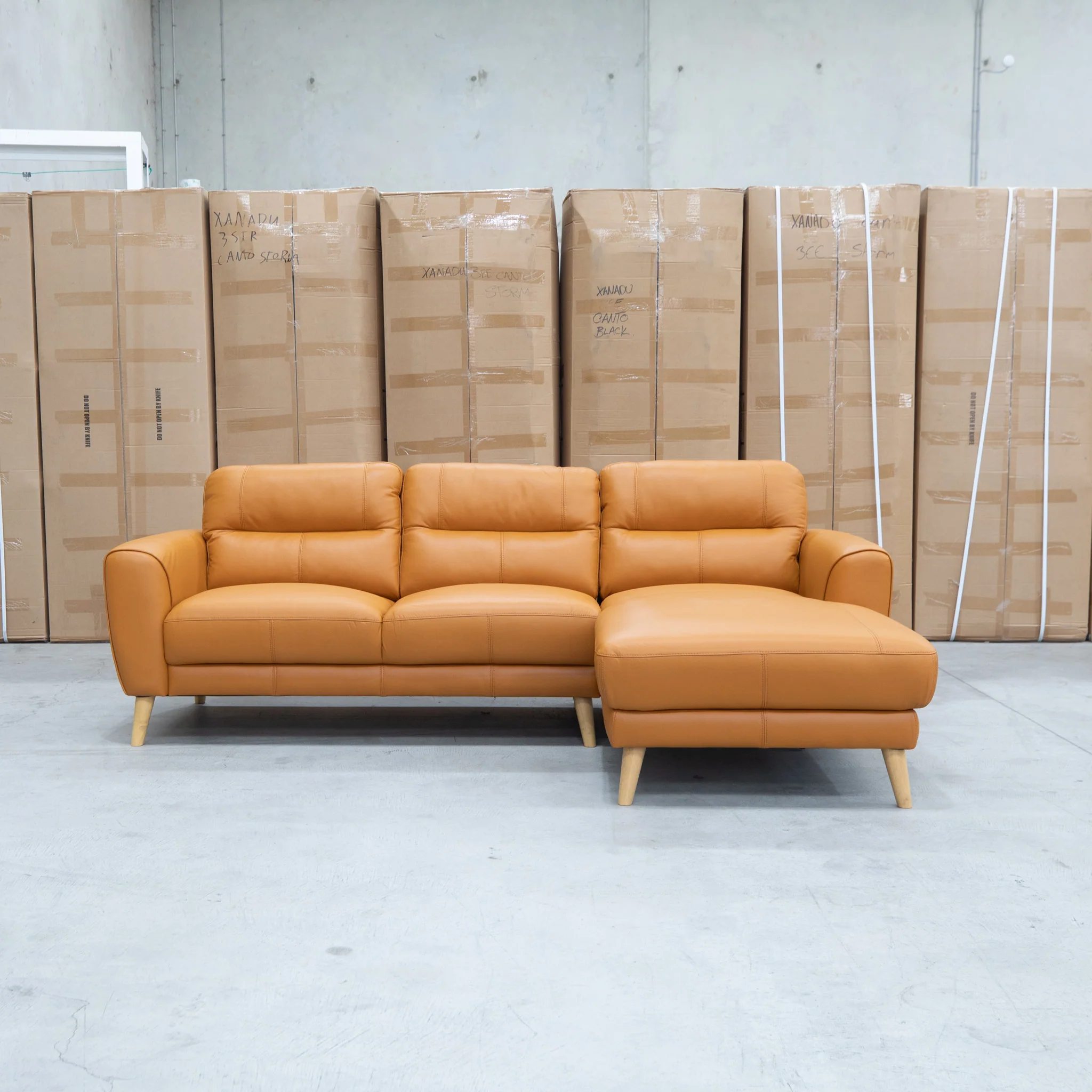 Nevada Three Seat RHF Leather Chaise Lounge - Orange