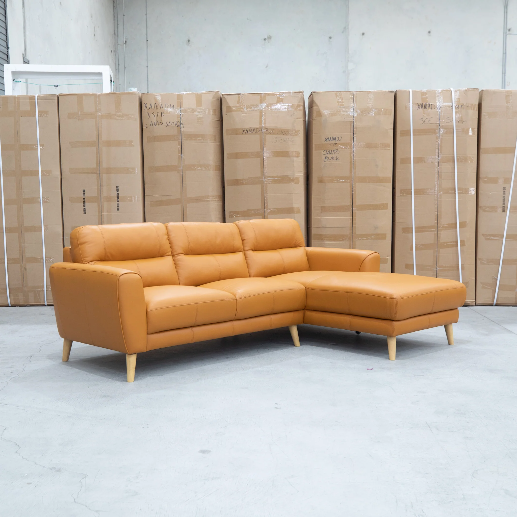 Nevada Three Seat RHF Leather Chaise Lounge - Orange - Image 2