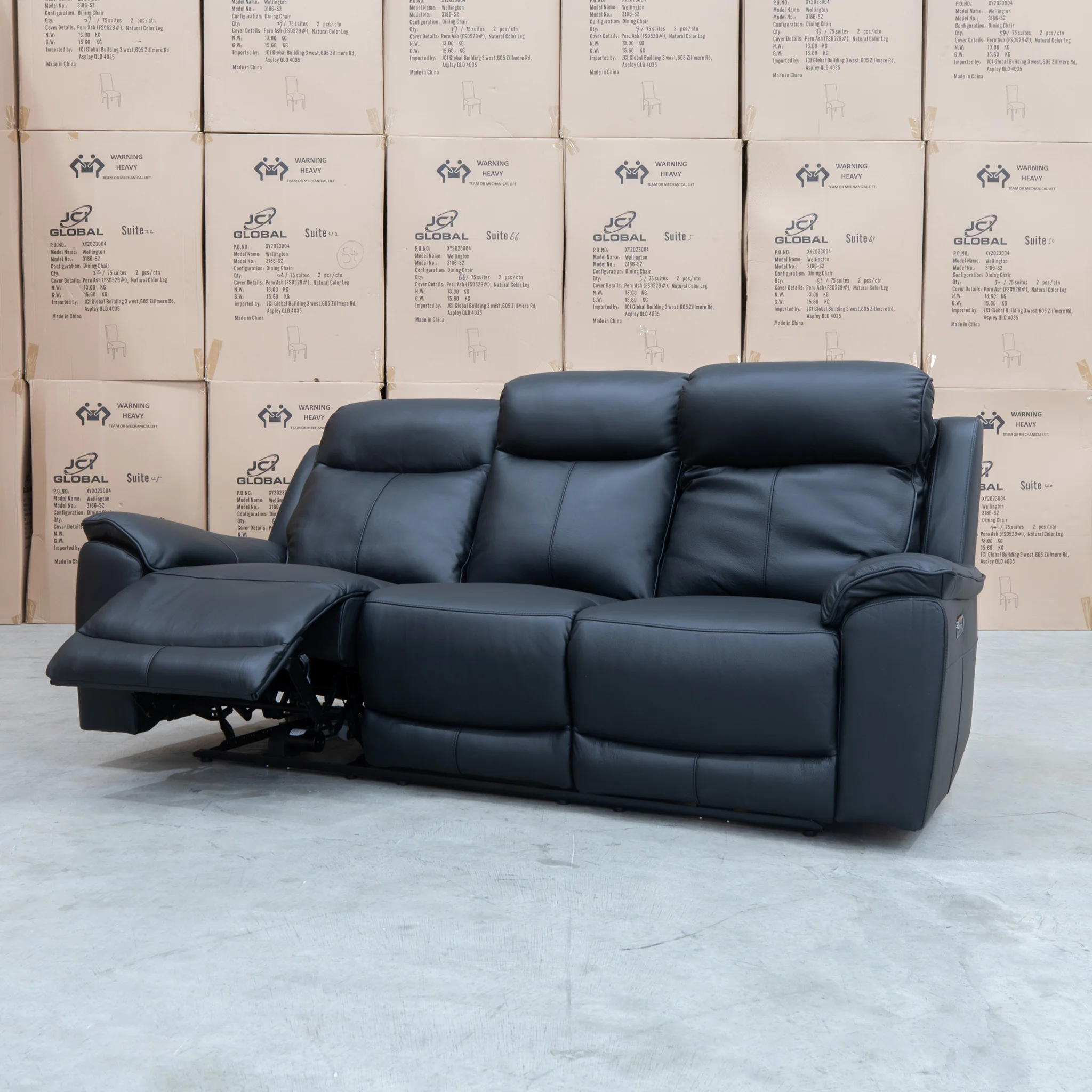 Panama Three Seater Triple Motor Electric Recliner Lounge - Black Leather - Image 7