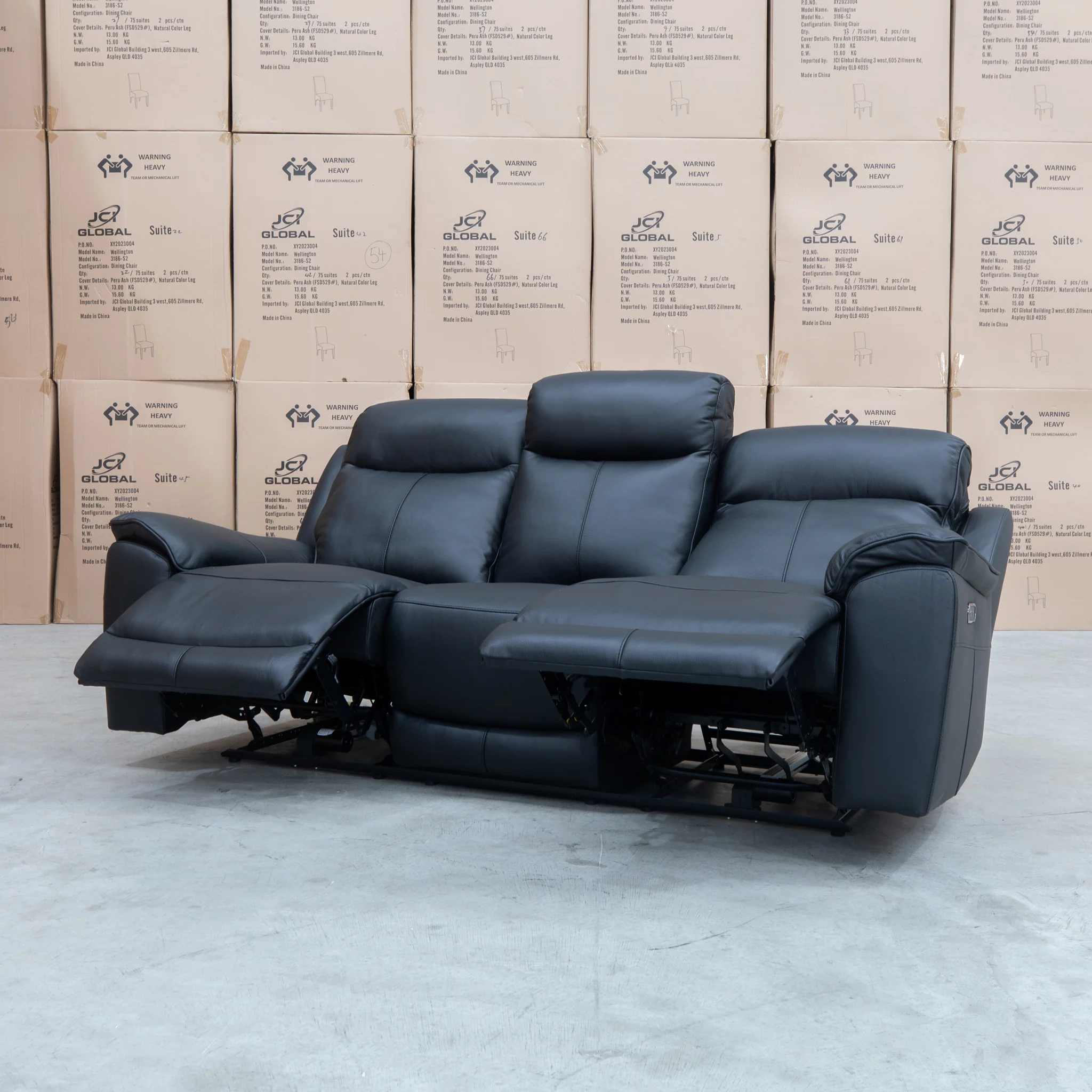 Panama Three Seater Triple Motor Electric Recliner Lounge - Black Leather - Image 8
