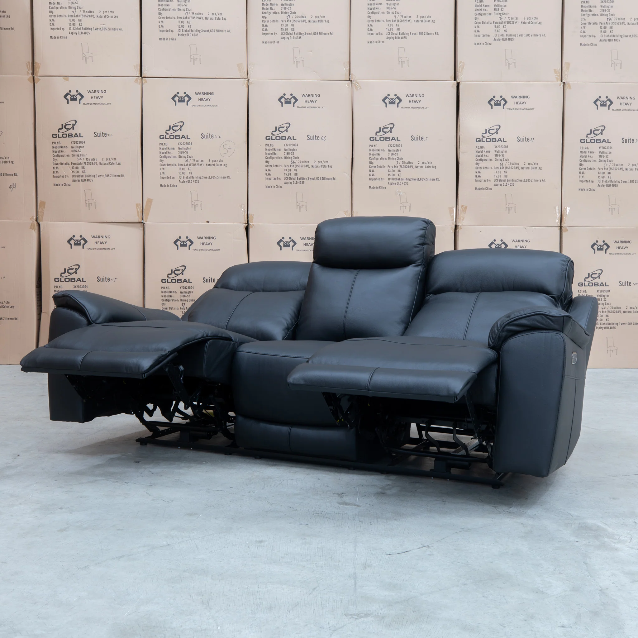 Panama Three Seater Triple Motor Electric Recliner Lounge - Black Leather - Image 9