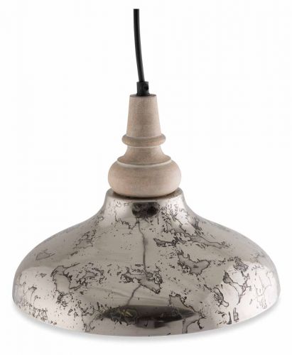 Small Iron Pendant Light with Wood Top and Matt Inside - Antique Silver/Natural - VE34 - Available In-Store Only