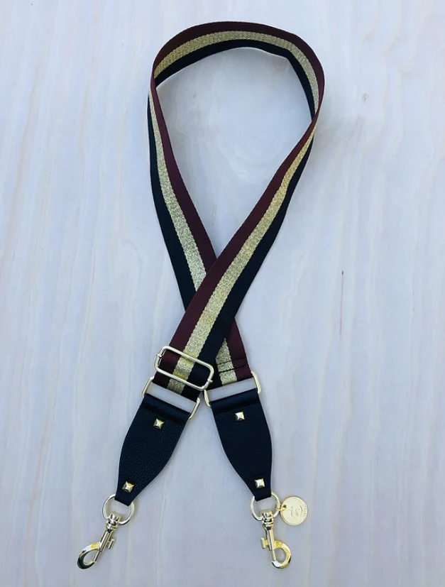Black, Gold & Brown Strip - Bag Strap - Gold Hardware