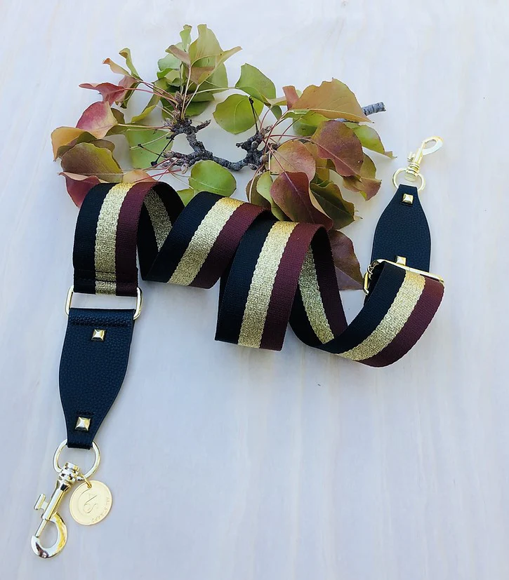 Black, Gold & Brown Strip - Bag Strap - Gold Hardware - Image 2