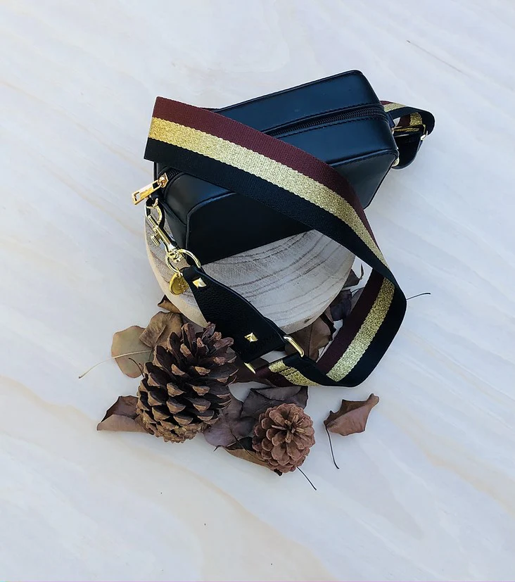 Black, Gold & Brown Strip - Bag Strap - Gold Hardware - Image 3