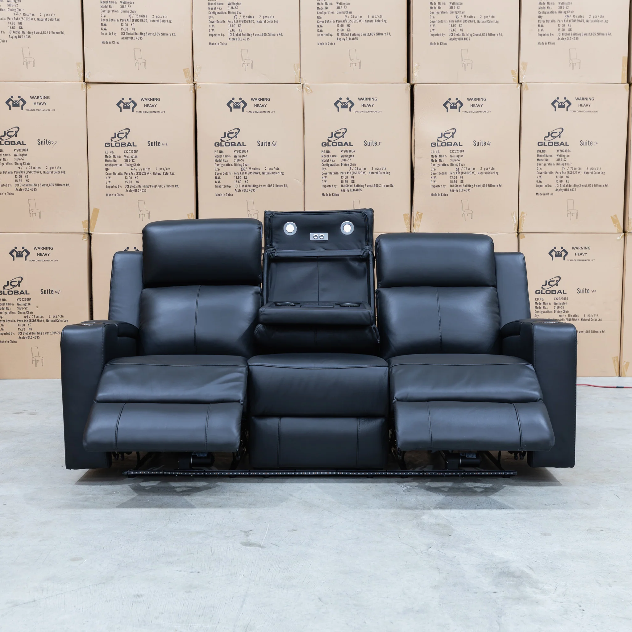 Xanadu Three Seater Dual Motor Electric Recliner Lounge - Black Leather - Image 10