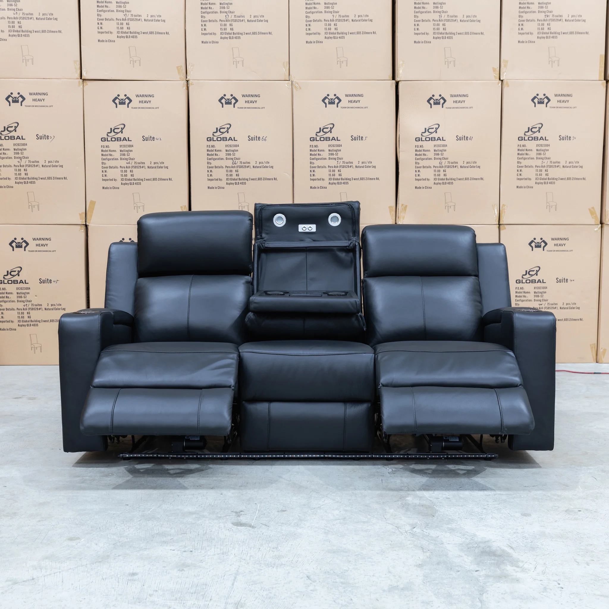 Xanadu Three Seater Dual Motor Electric Recliner Lounge - Black Leather - Image 11