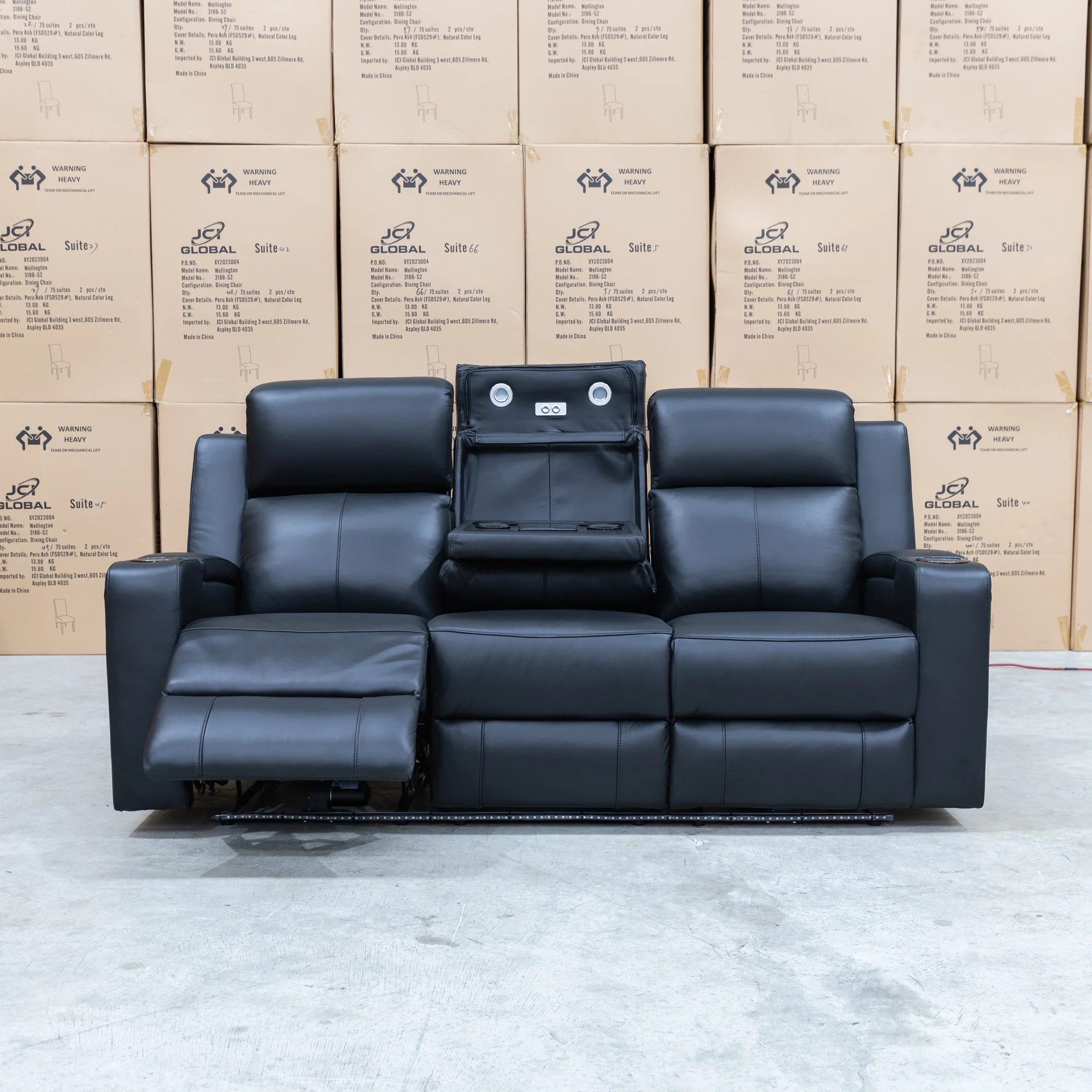 Xanadu Three Seater Dual Motor Electric Recliner Lounge - Black Leather - Image 12