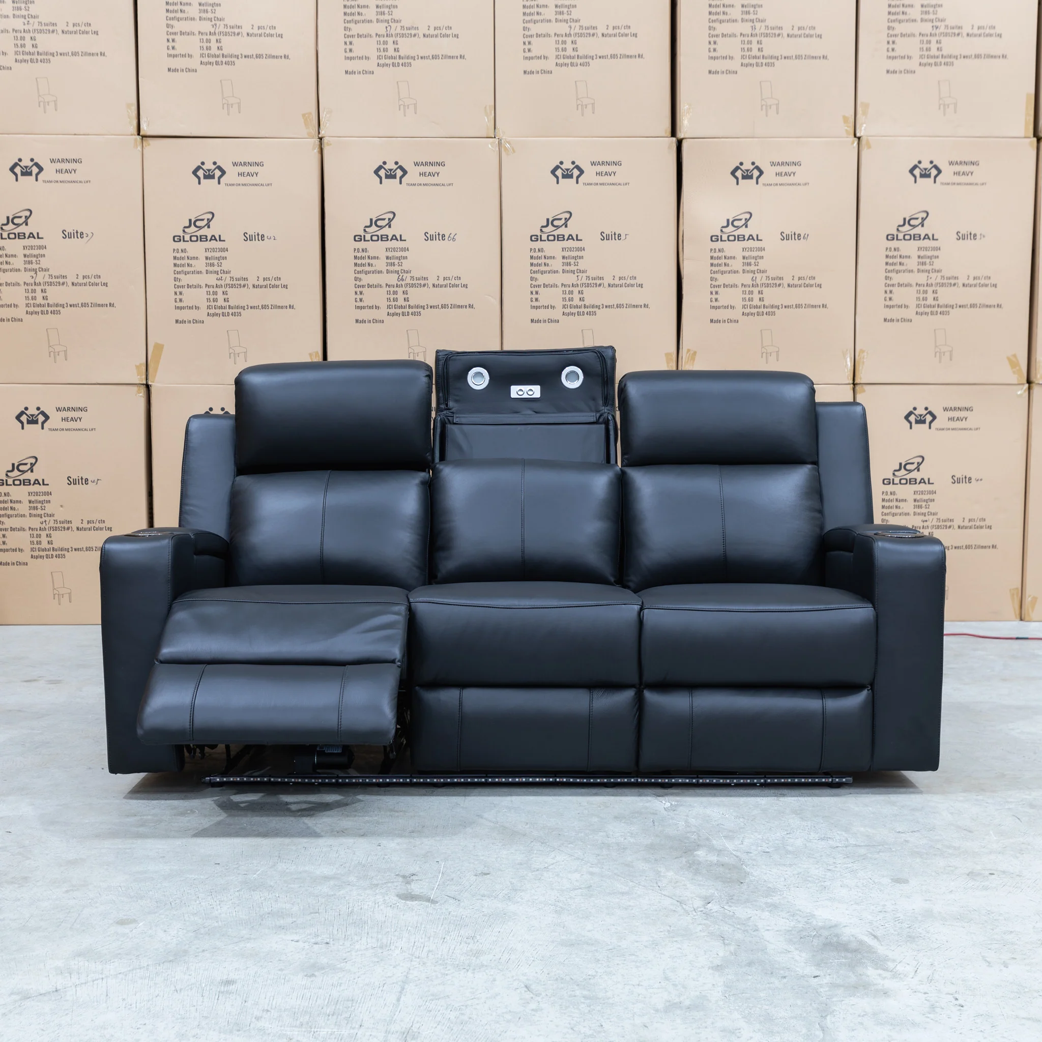 Xanadu Three Seater Dual Motor Electric Recliner Lounge - Black Leather - Image 13