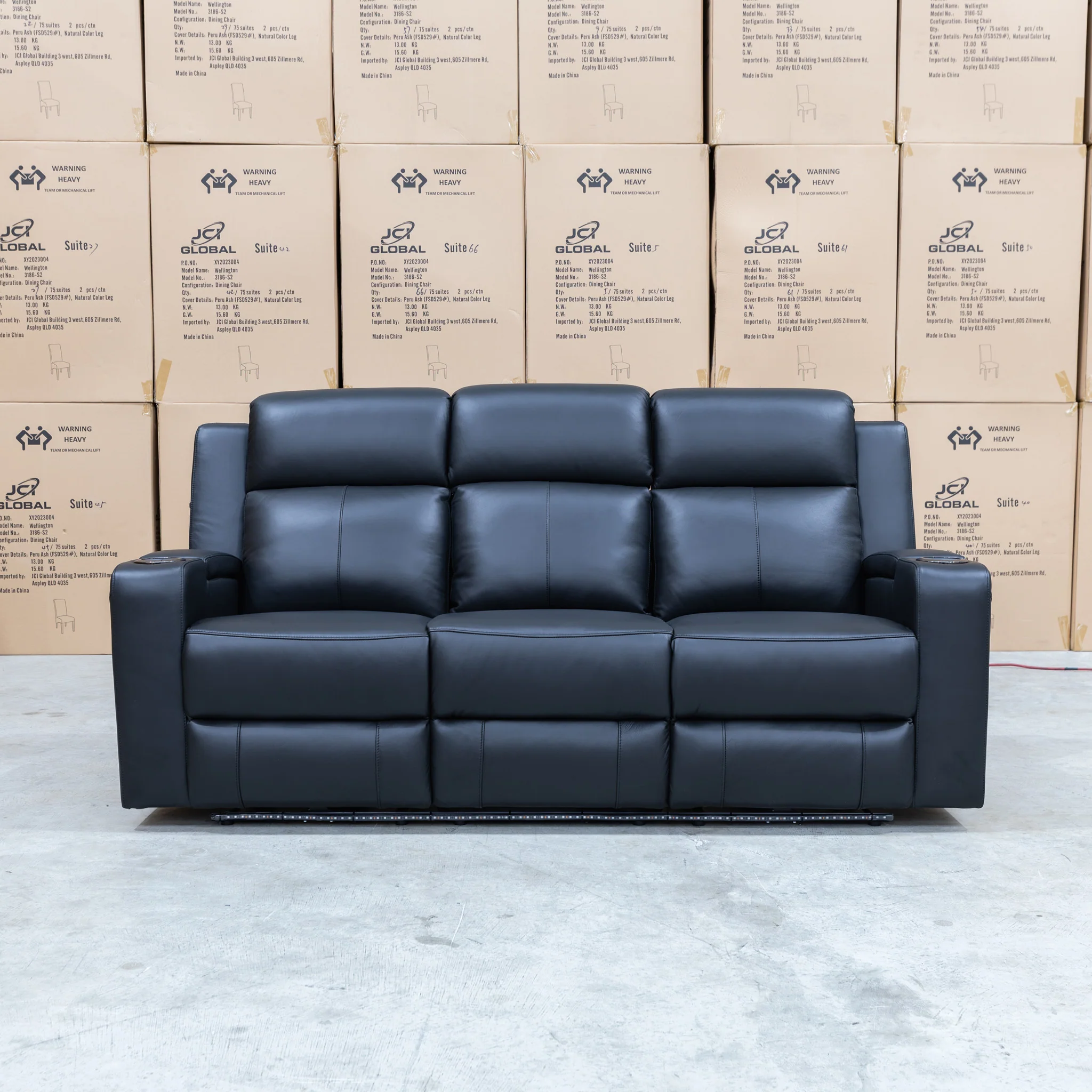 Xanadu Three Seater Dual Motor Electric Recliner Lounge - Black Leather - Image 16