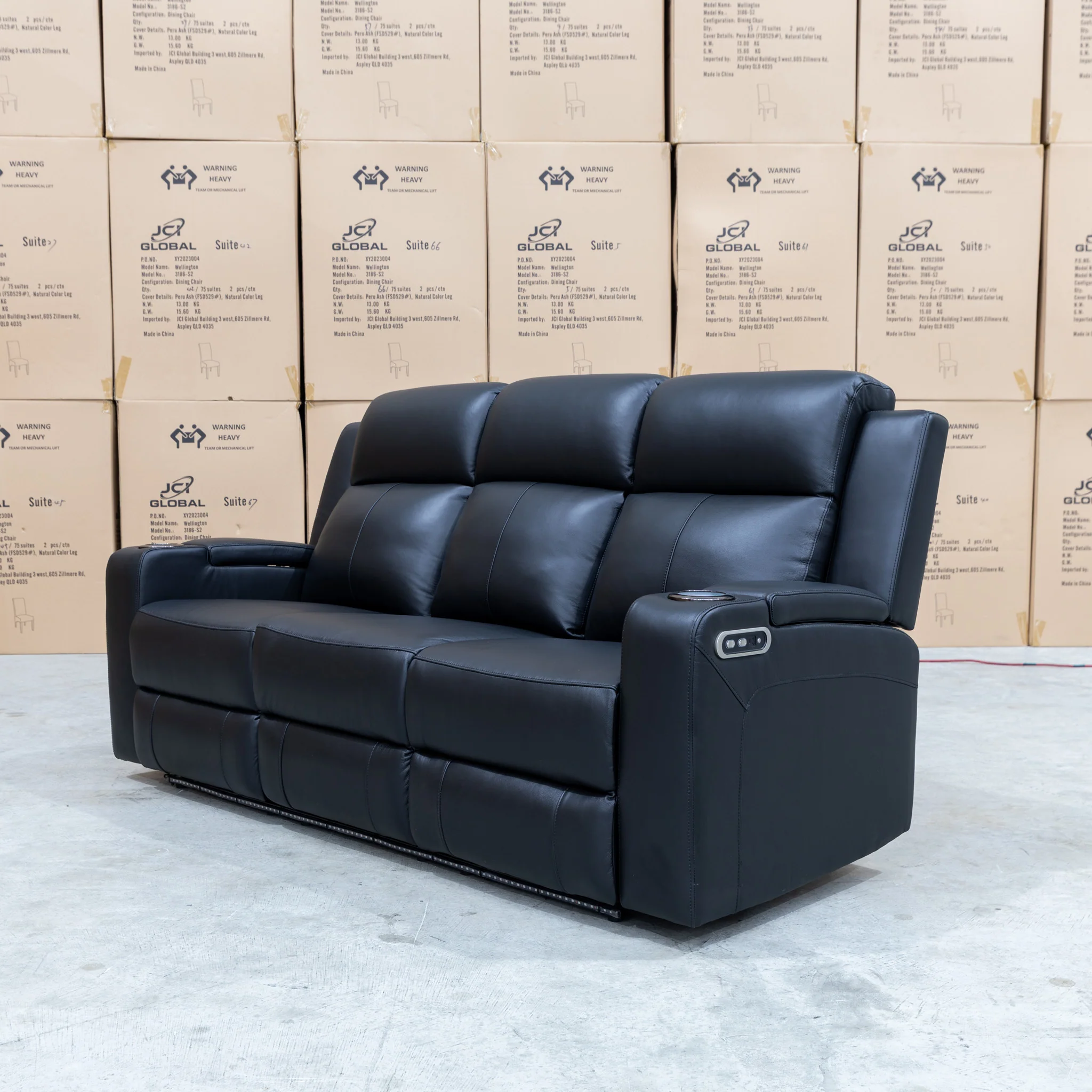 Xanadu Three Seater Dual Motor Electric Recliner Lounge - Black Leather - Image 17