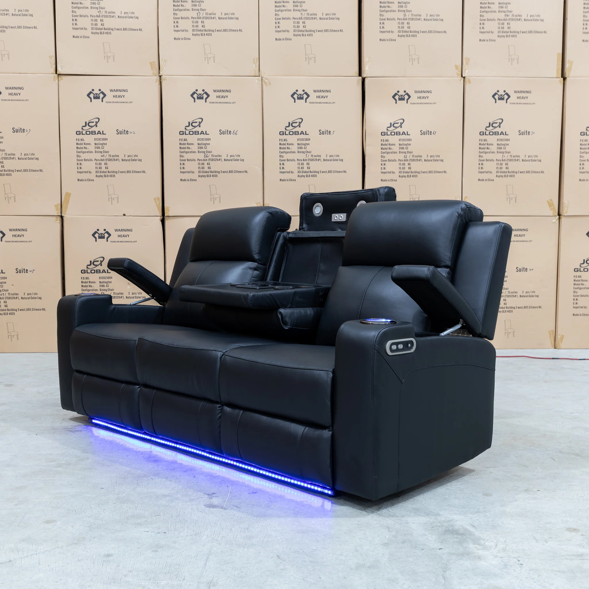 Xanadu Three Seater Dual Motor Electric Recliner Lounge - Black Leather - Image 19