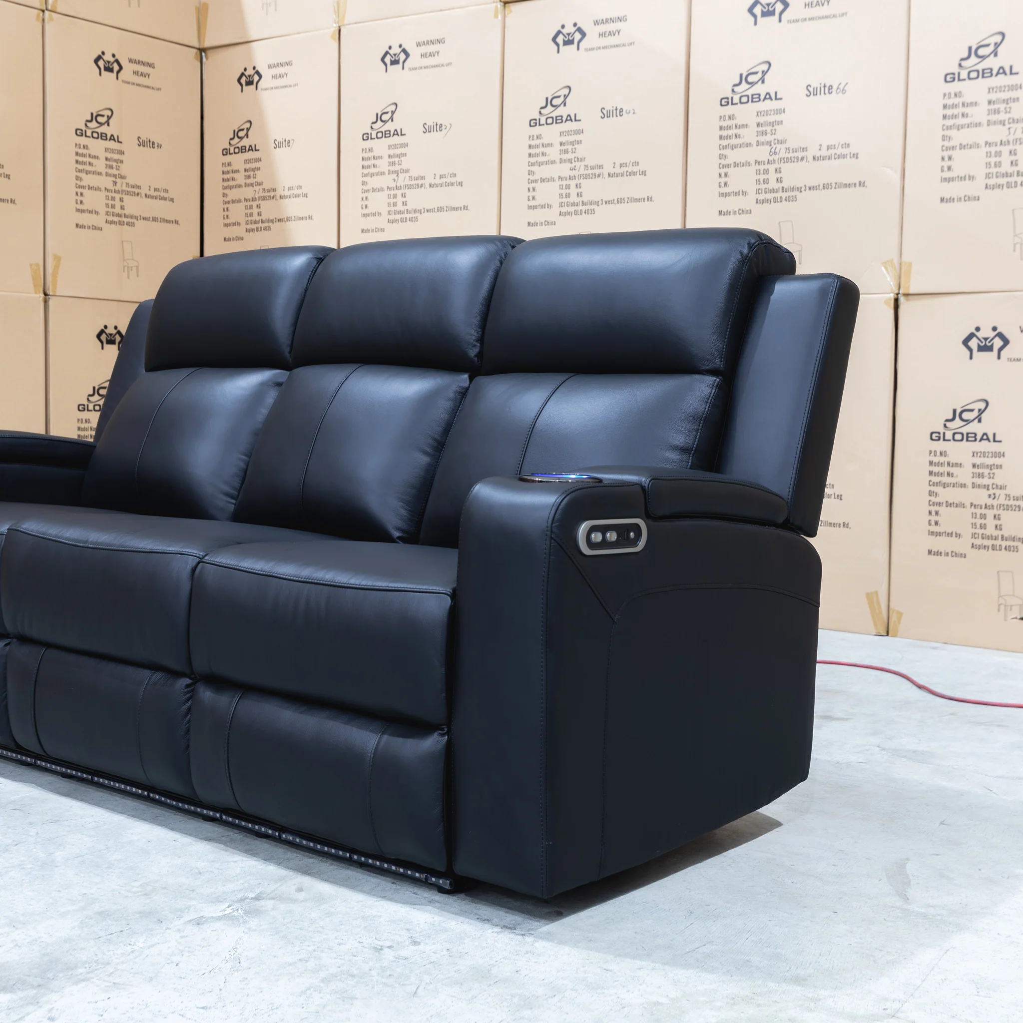 Xanadu Three Seater Dual Motor Electric Recliner Lounge - Black Leather - Image 29