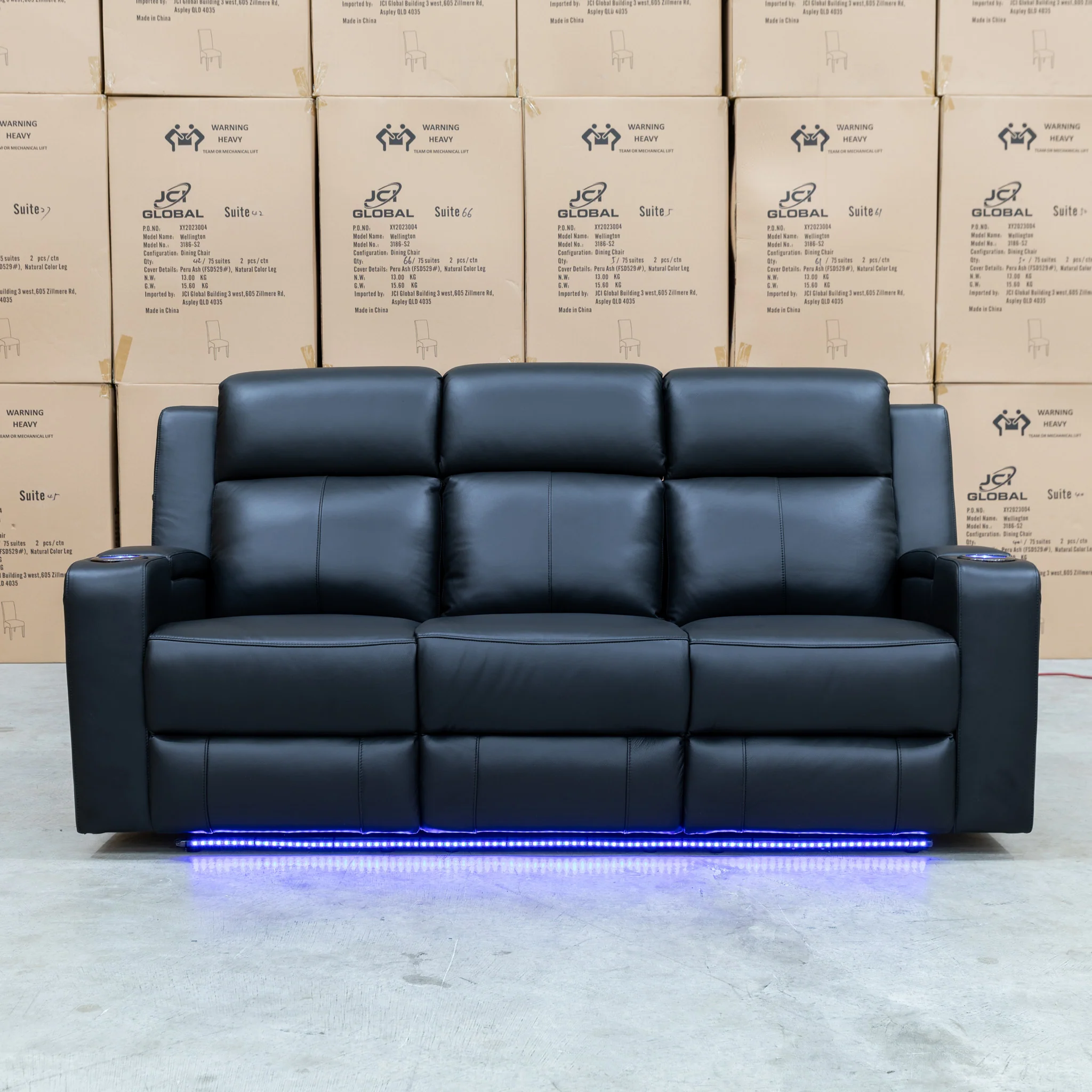 Xanadu Three Seater Dual Motor Electric Recliner Lounge - Black Leather - Image 3
