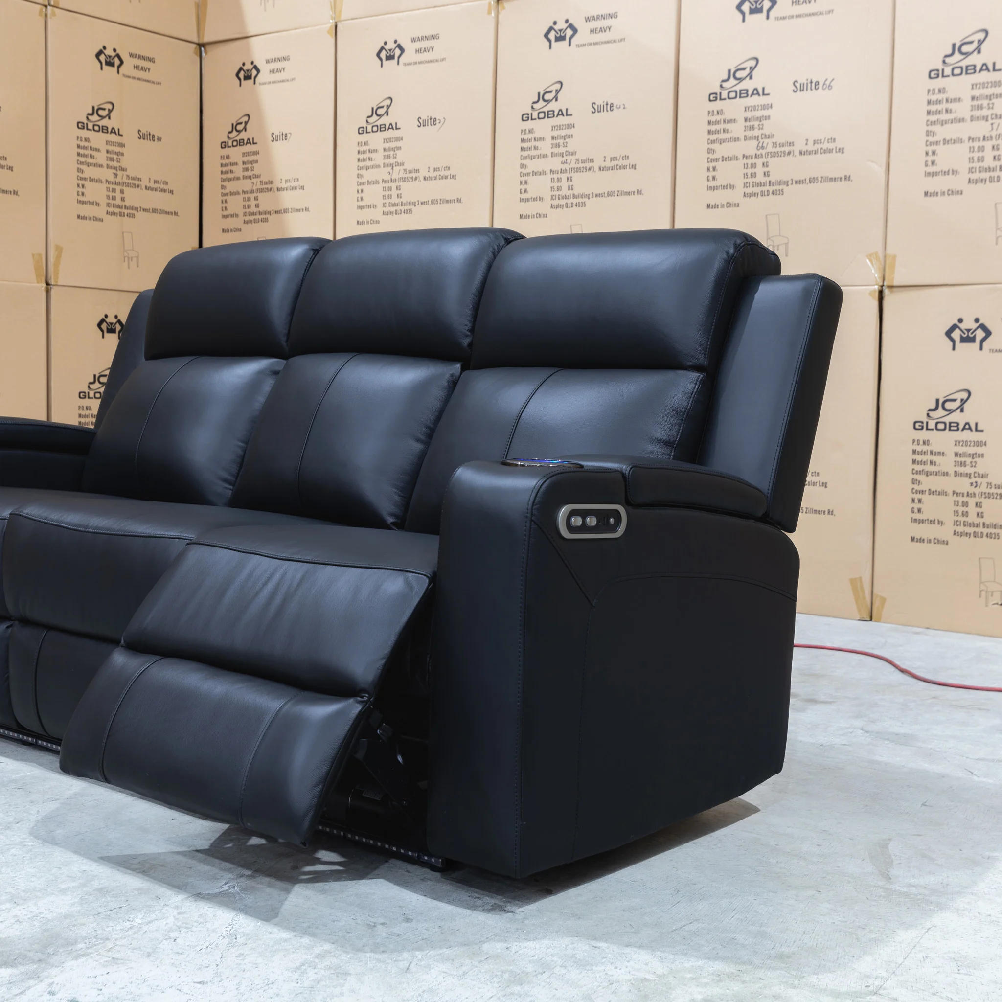 Xanadu Three Seater Dual Motor Electric Recliner Lounge - Black Leather - Image 30