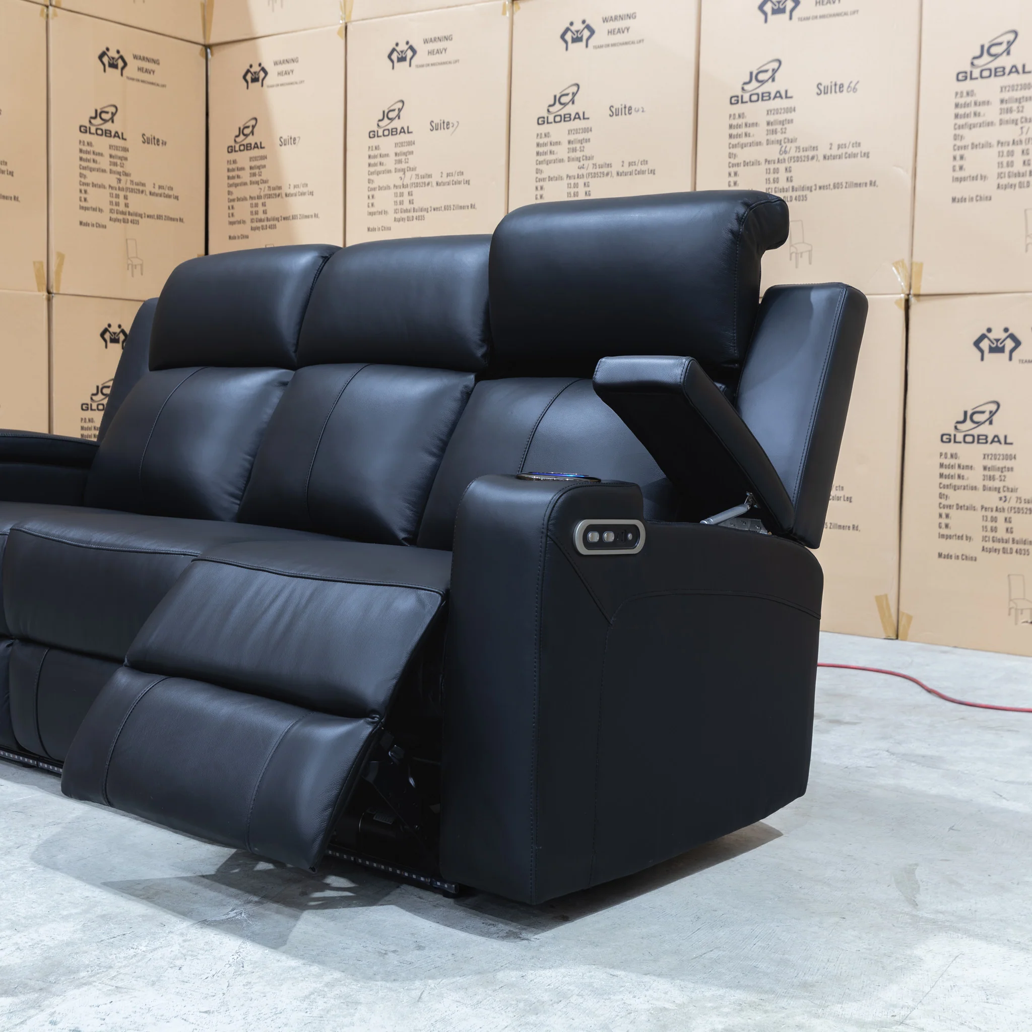 Xanadu Three Seater Dual Motor Electric Recliner Lounge - Black Leather - Image 32
