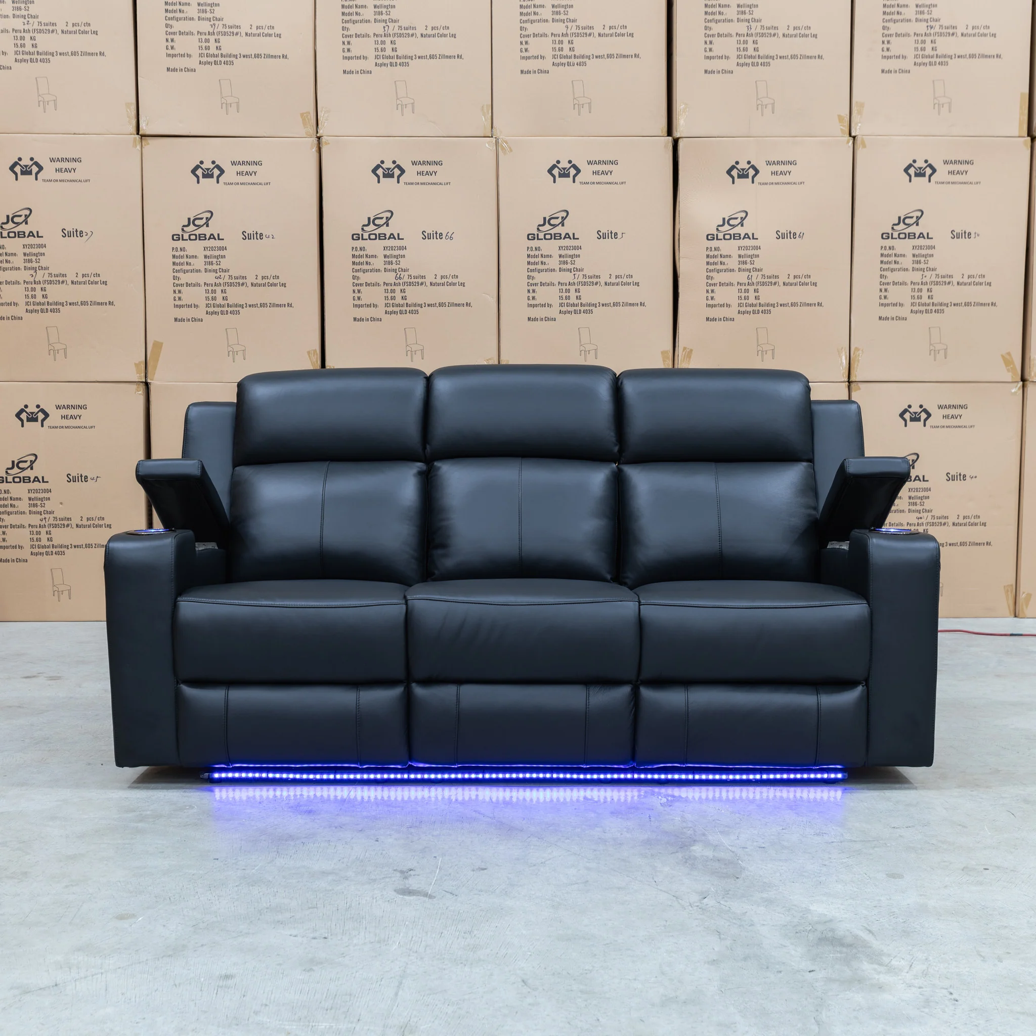 Xanadu Three Seater Dual Motor Electric Recliner Lounge - Black Leather - Image 4