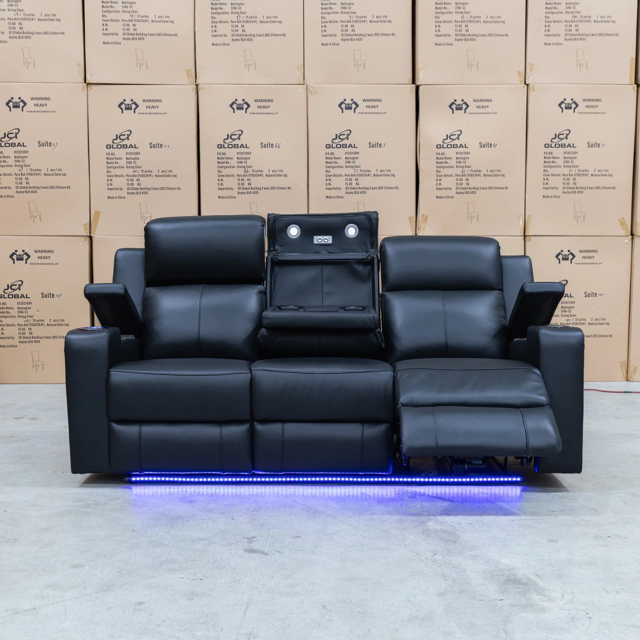 Xanadu Three Seater Dual Motor Electric Recliner Lounge - Black Leather - Image 8