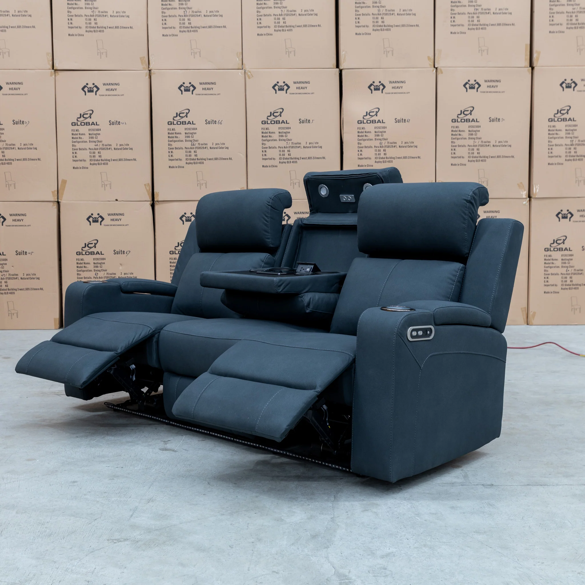 Xanadu Three Seater Dual Motor Electric Recliner Lounge - Black Rhino Suede - Image 10