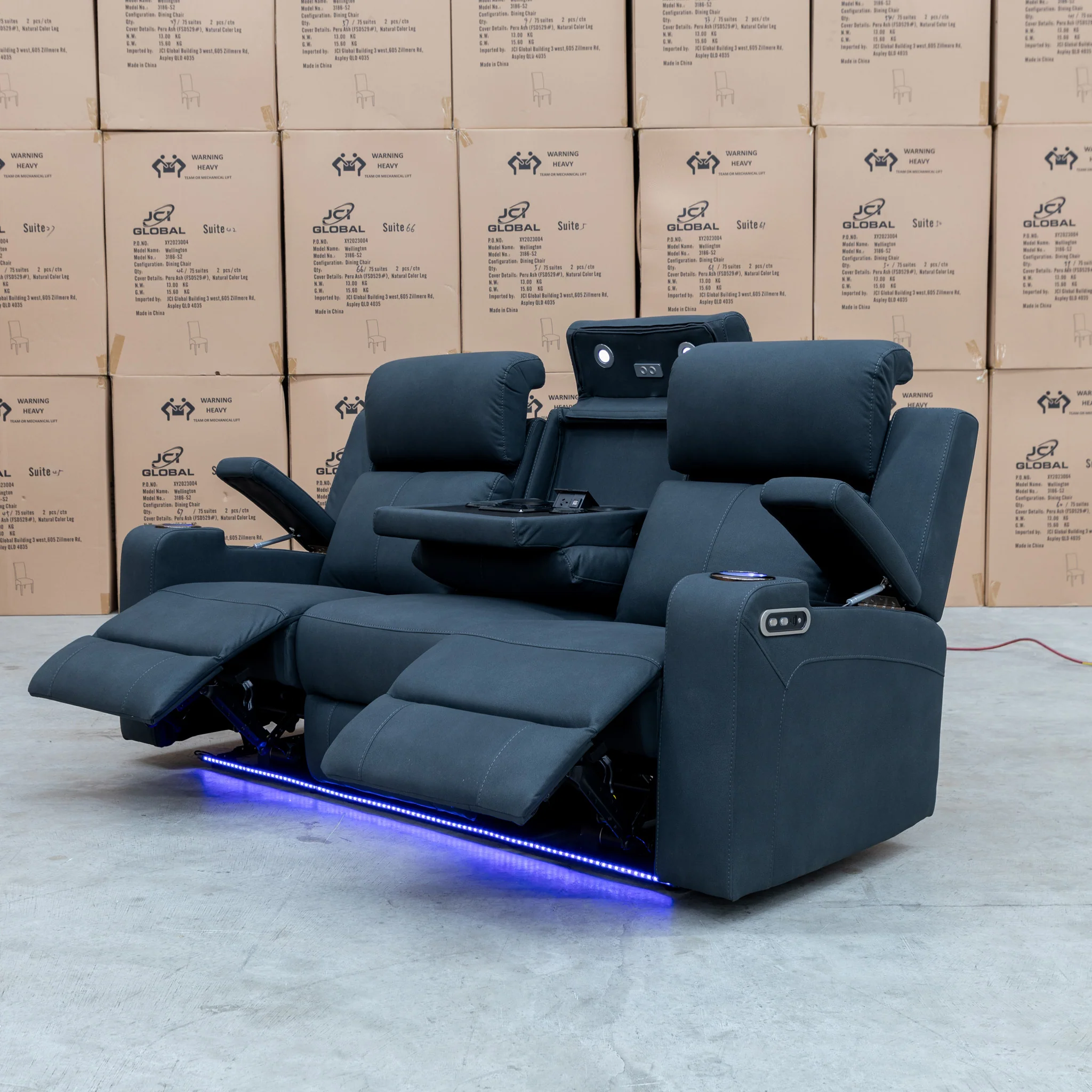 Xanadu Three Seater Dual Motor Electric Recliner Lounge - Black Rhino Suede - Image 11
