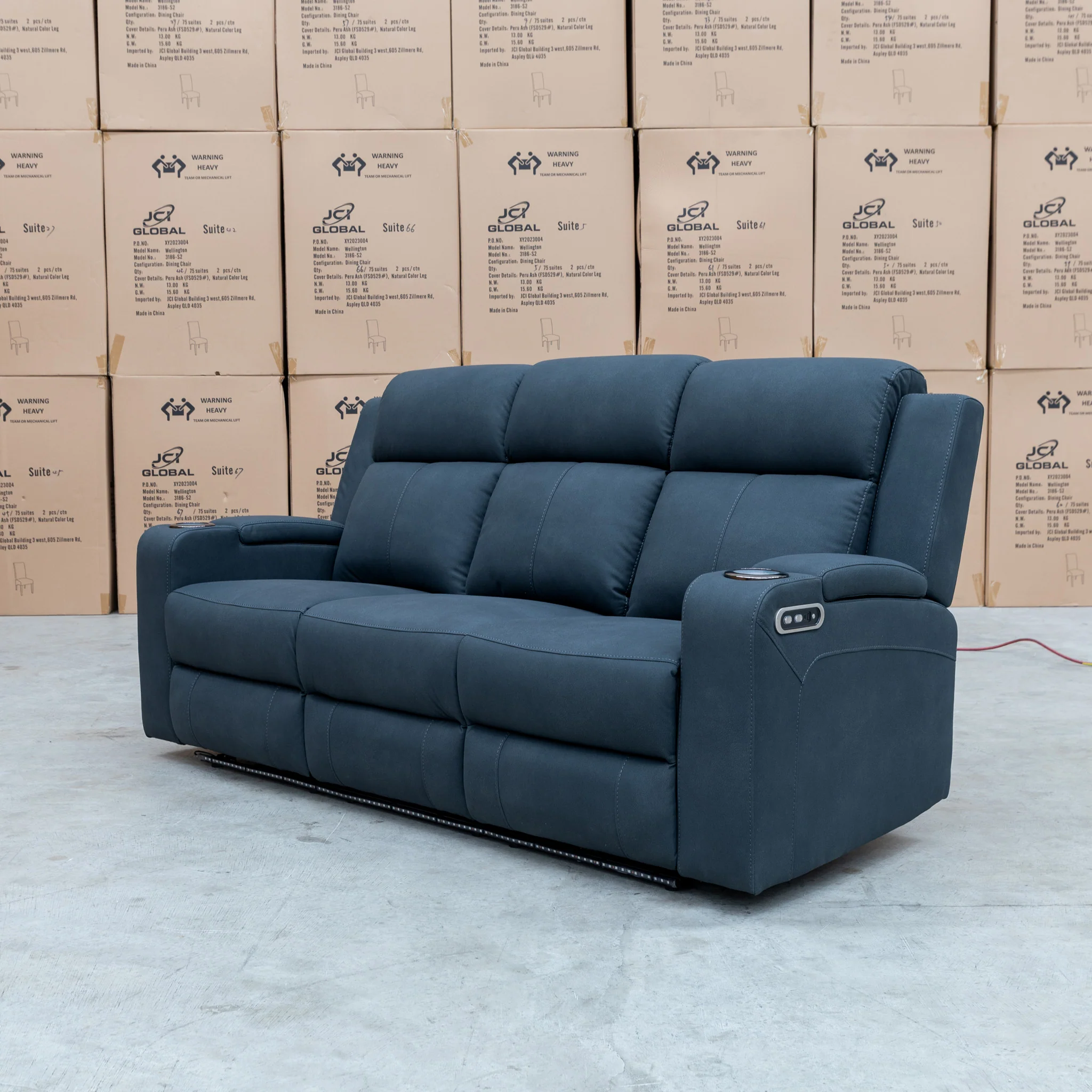 Xanadu Three Seater Dual Motor Electric Recliner Lounge - Black Rhino Suede - Image 13