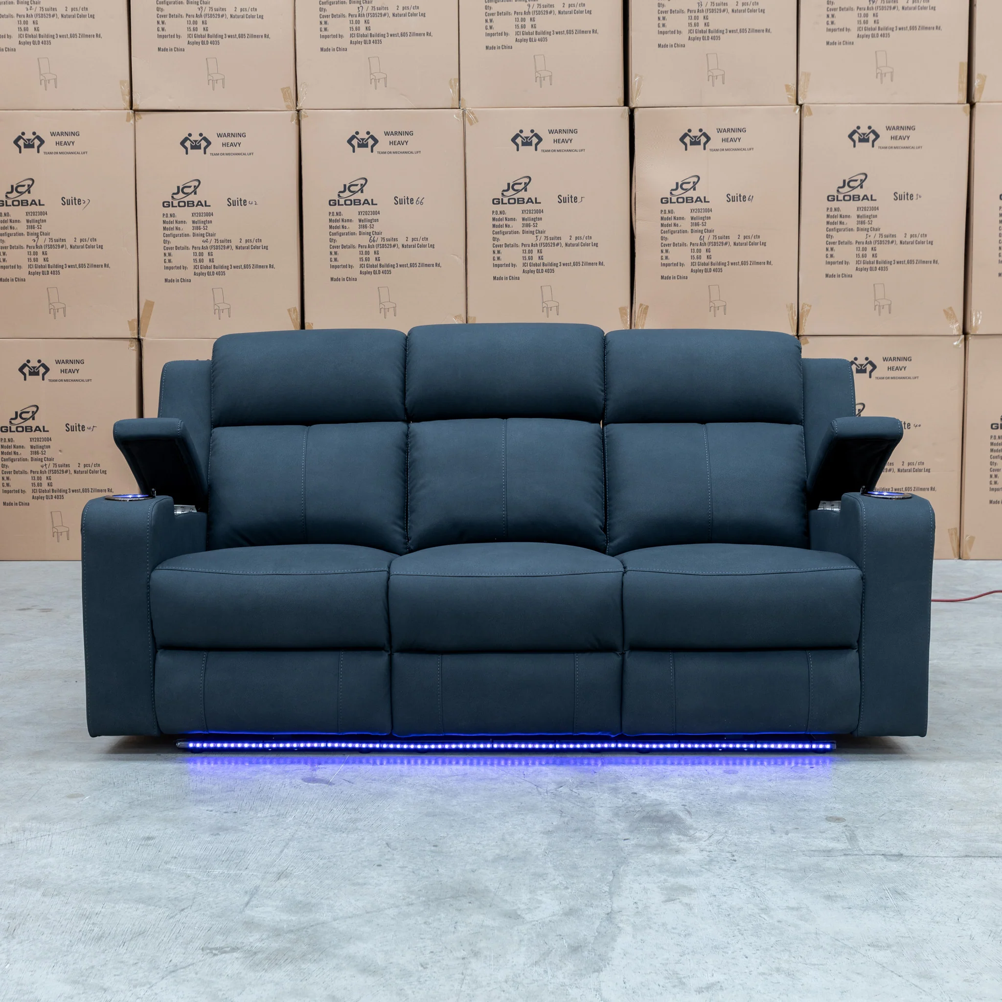 Xanadu Three Seater Dual Motor Electric Recliner Lounge - Black Rhino Suede - Image 3