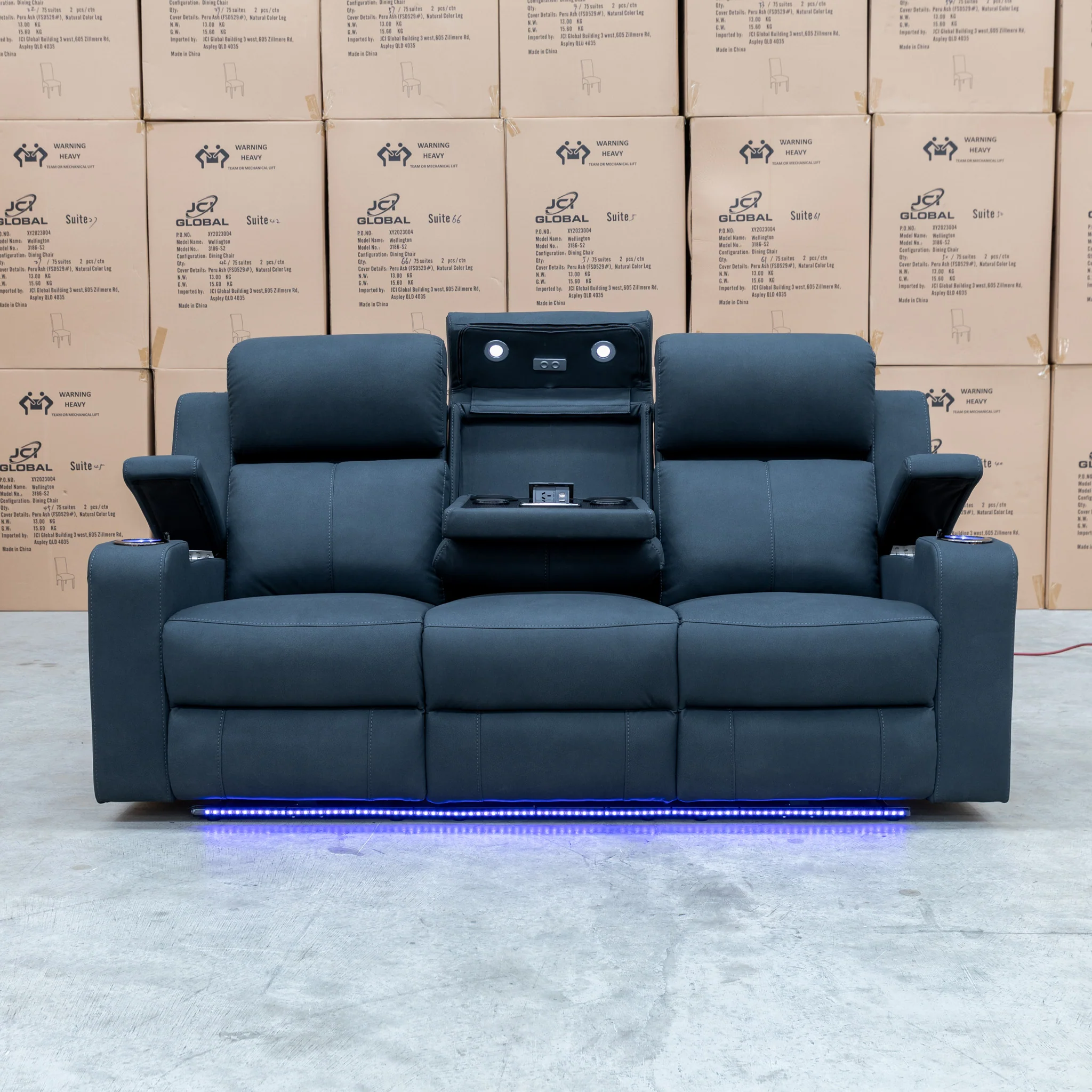 Xanadu Three Seater Dual Motor Electric Recliner Lounge - Black Rhino Suede - Image 6