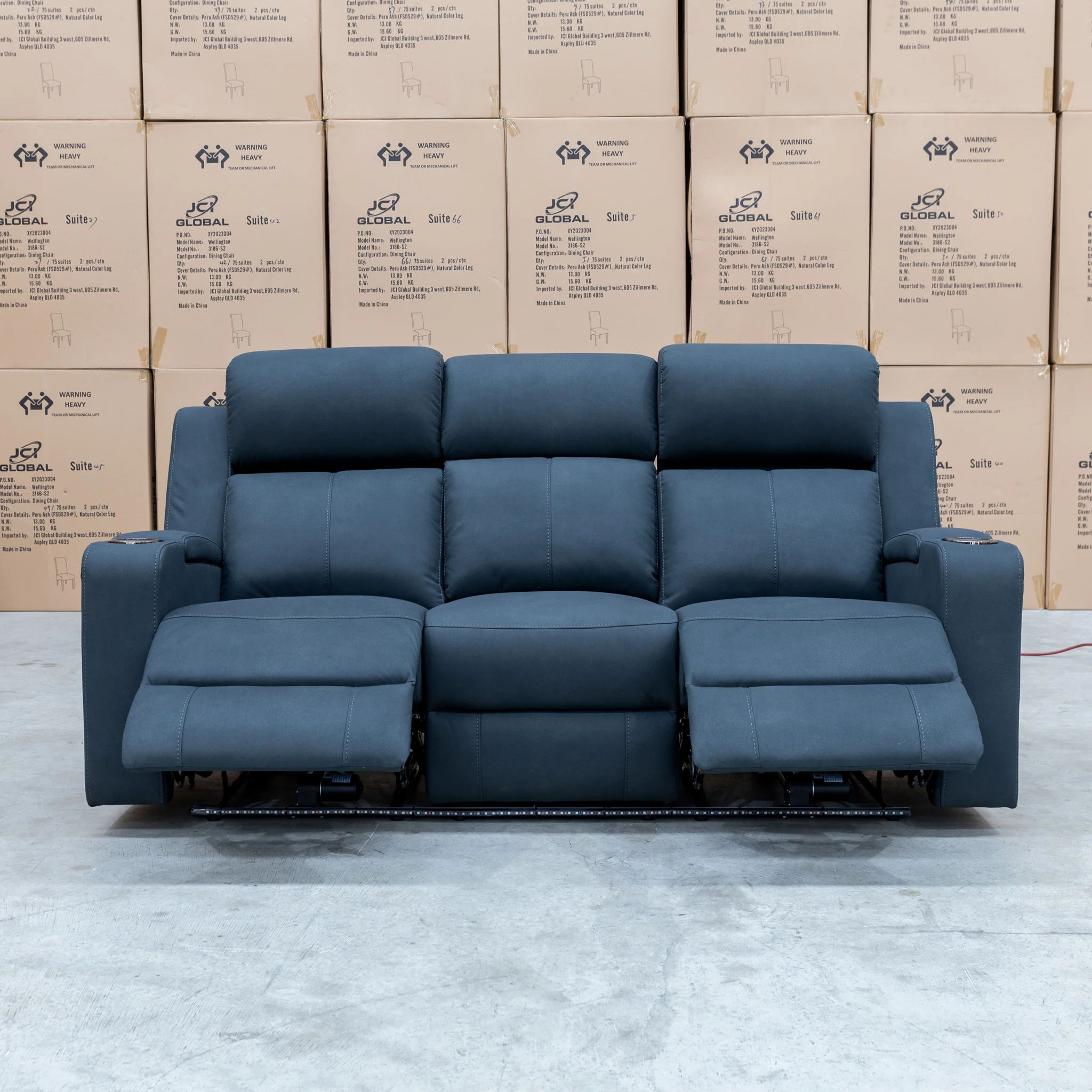 Xanadu Three Seater Dual Motor Electric Recliner Lounge - Black Rhino Suede - Image 8