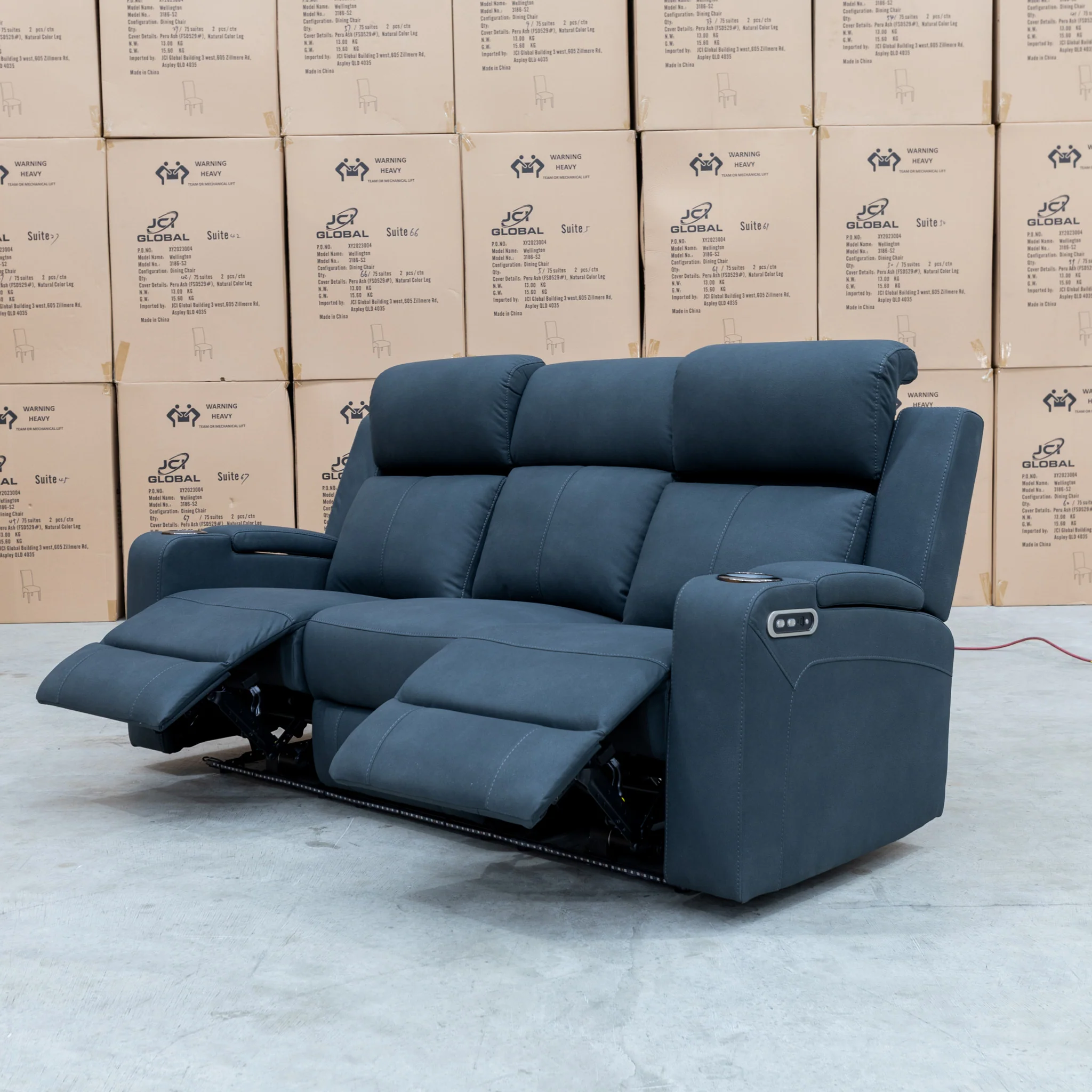 Xanadu Three Seater Dual Motor Electric Recliner Lounge - Black Rhino Suede - Image 9