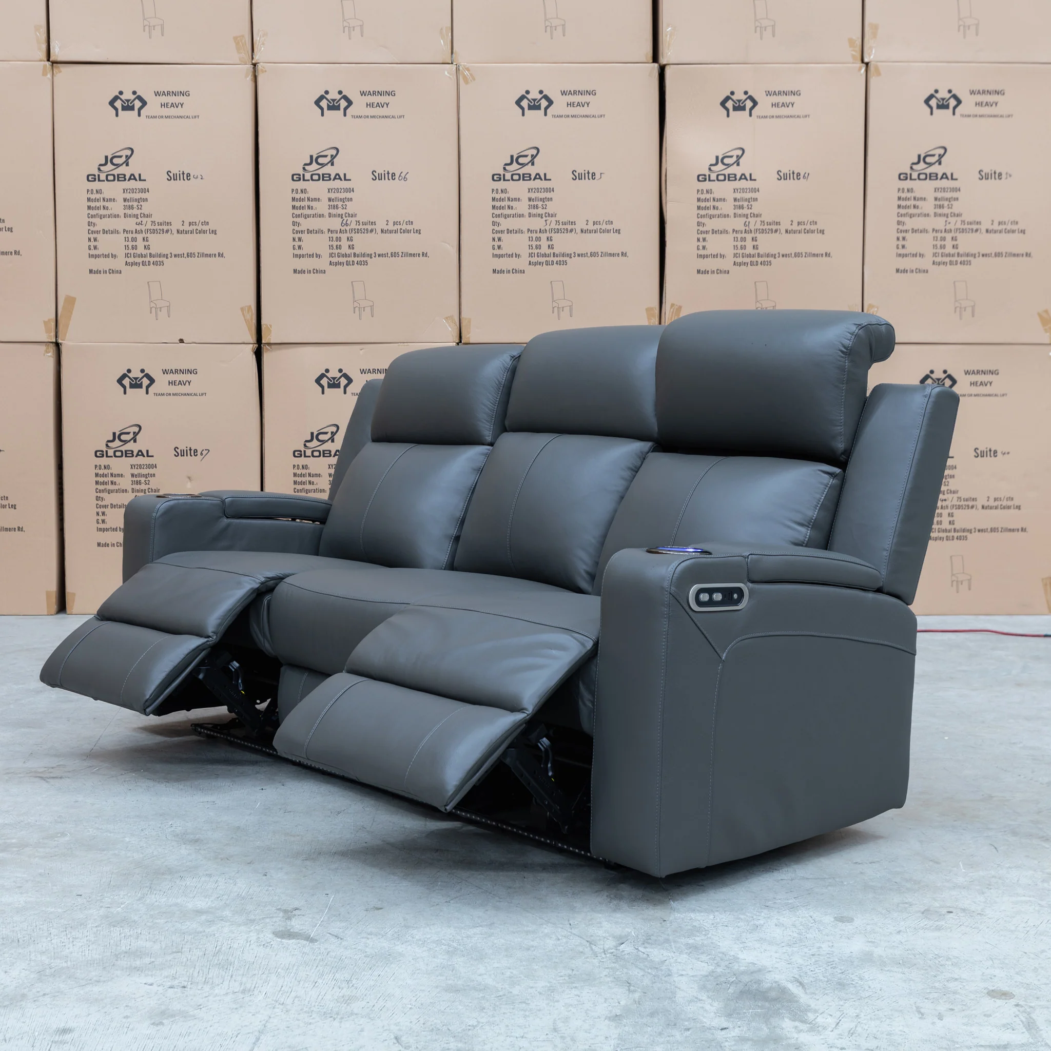 Xanadu Three Seater Dual Motor Electric Recliner Lounge - Storm Leather - Image 10