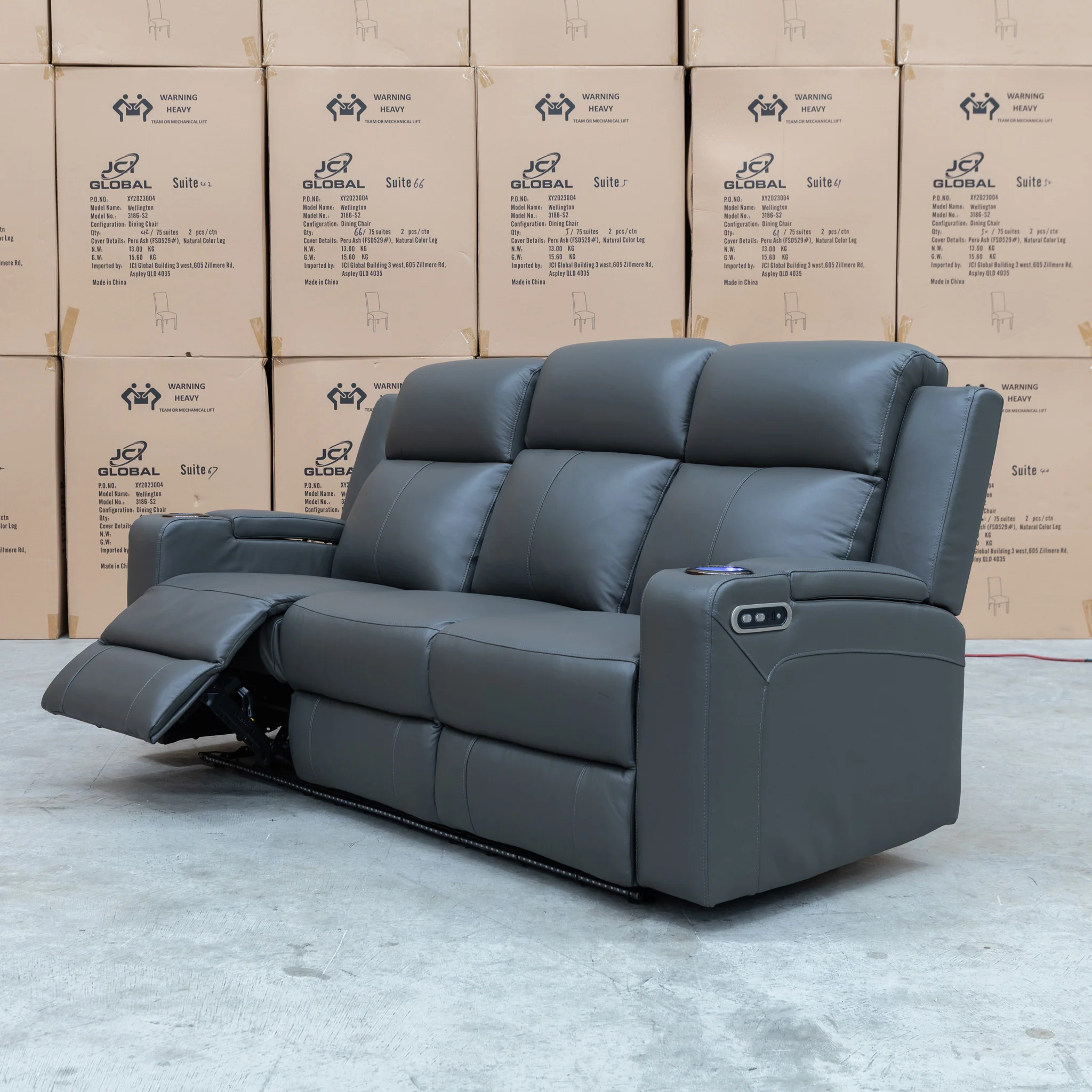 Xanadu Three Seater Dual Motor Electric Recliner Lounge - Storm Leather - Image 11