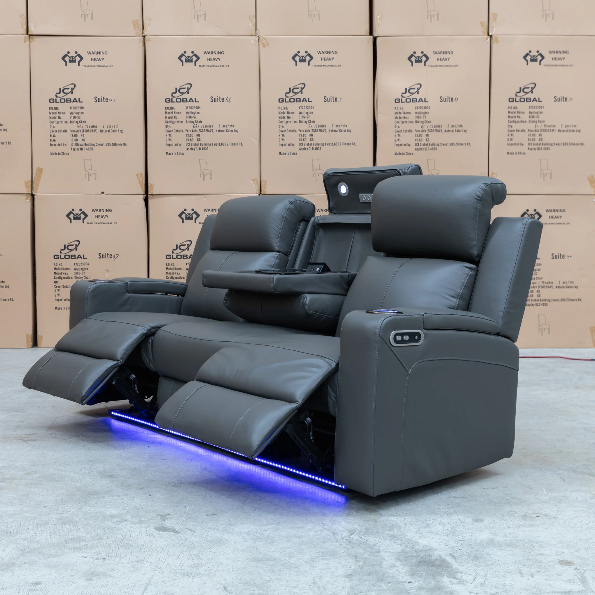 Xanadu Three Seater Dual Motor Electric Recliner Lounge - Storm Leather - Image 8