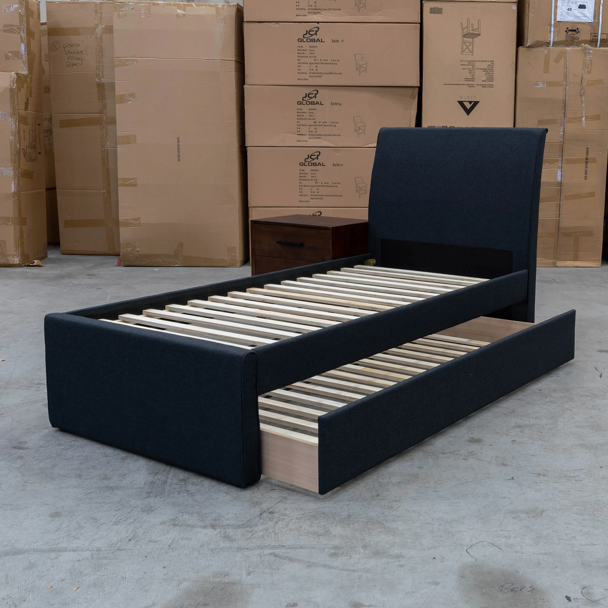 York King Single Fabric Trundle Bed - Charcoal (Reversible Trundle) - Available After 13th March - Image 3